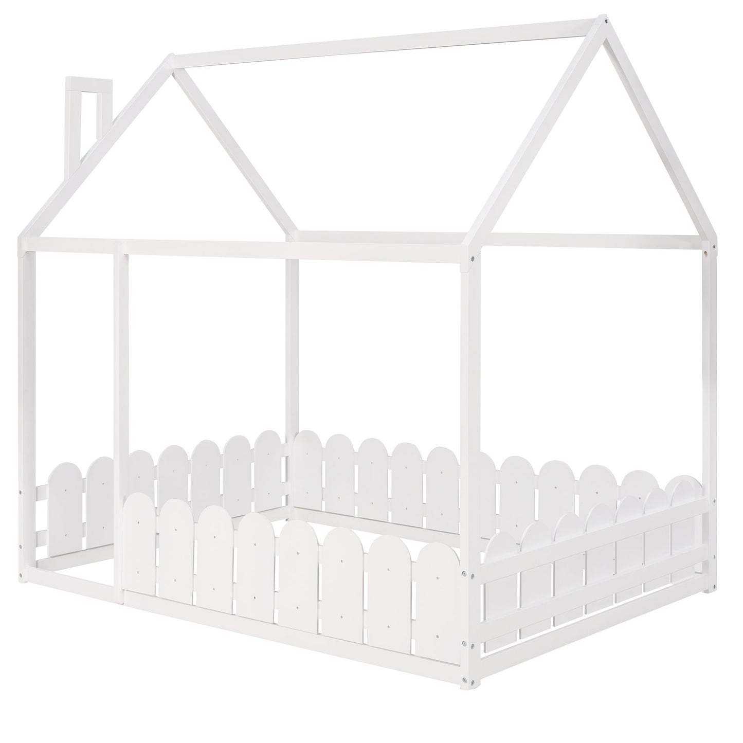 (Slats are not included) Full Size Wood Bed House Bed Frame with Fence; for Kids; Teens; Girls; Boys