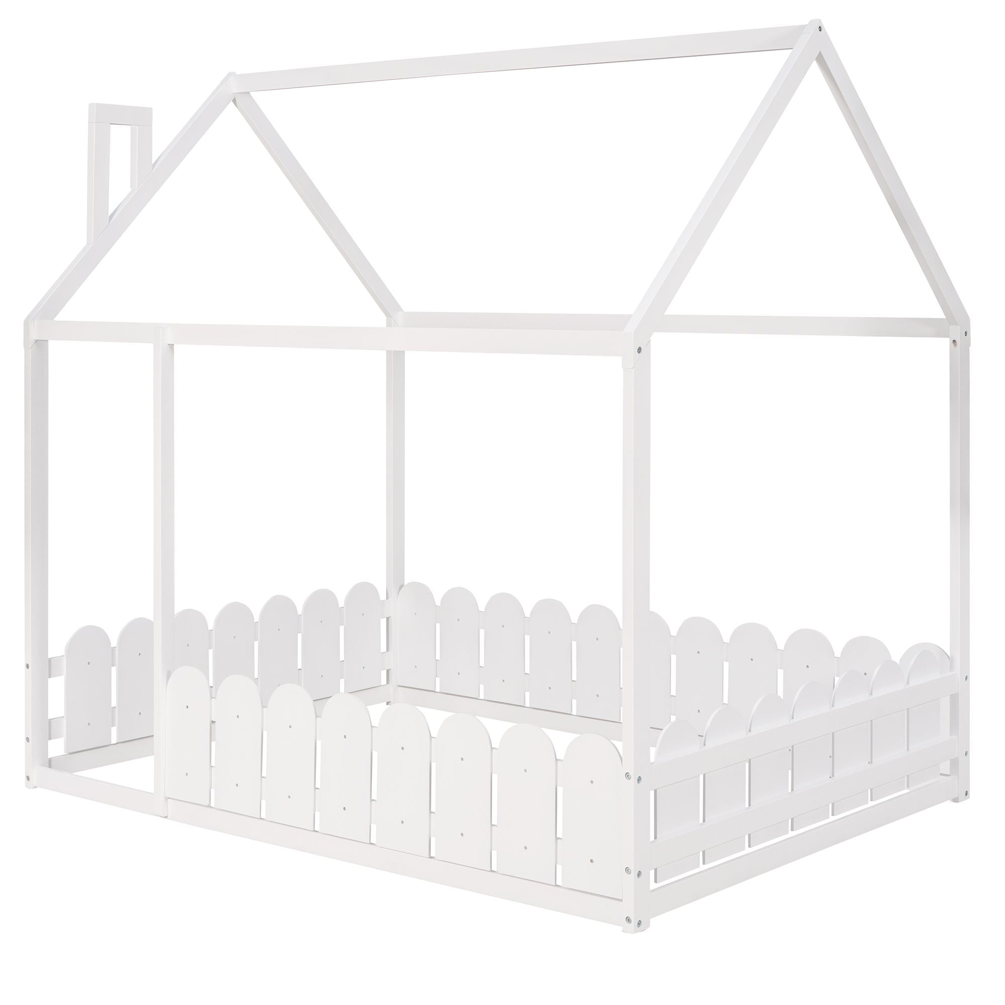 (Slats are not included) Full Size Wood Bed House Bed Frame with Fence; for Kids; Teens; Girls; Boys