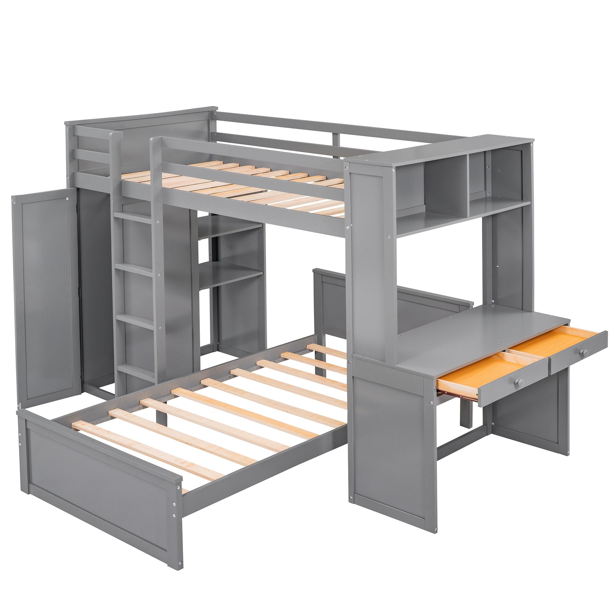 Twin size Loft Bed with a Stand-alone bed; Shelves; Desk; and Wardrobe