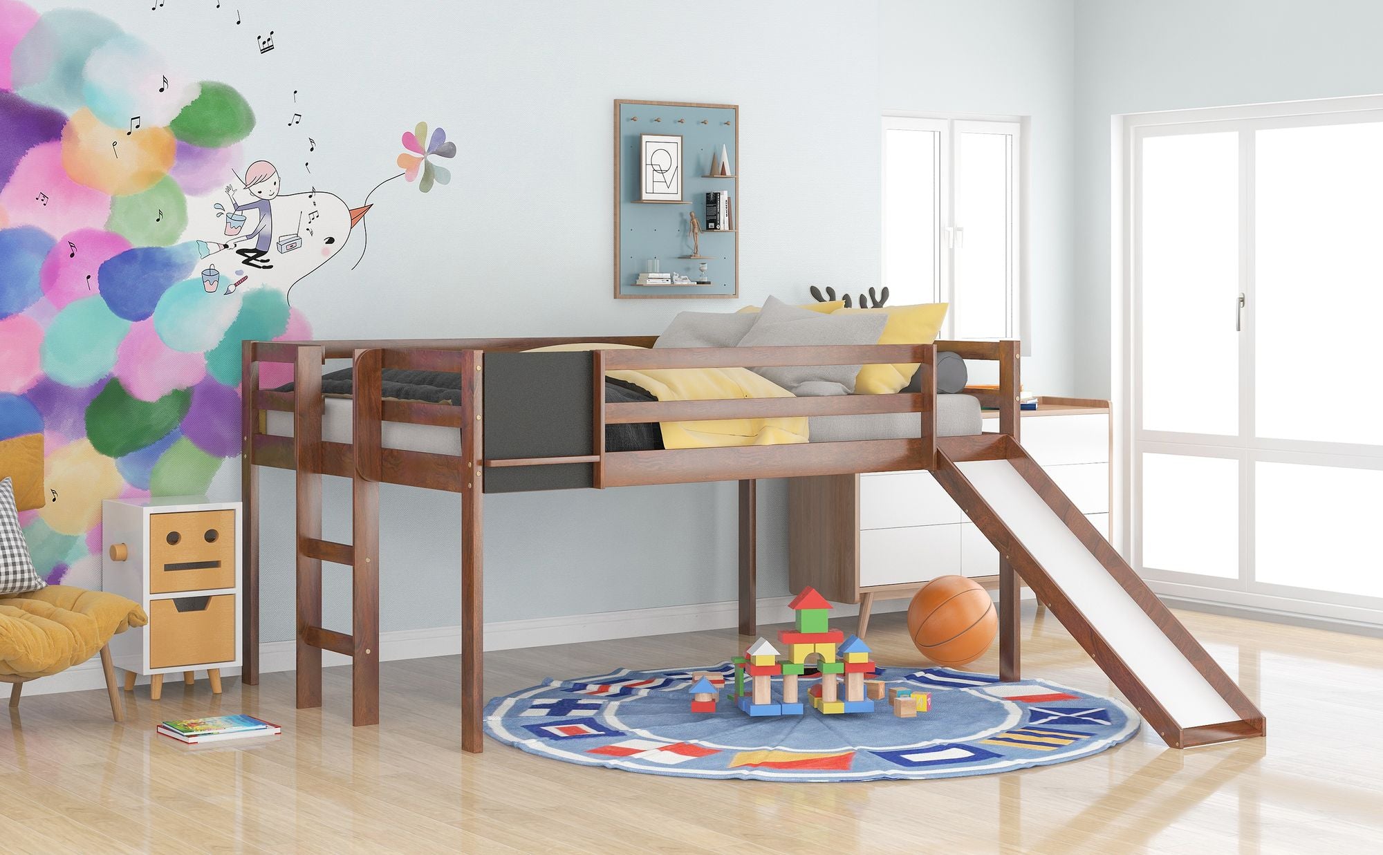 Full size Loft Bed Wood Bed with Slide; Stair and Chalkboard
