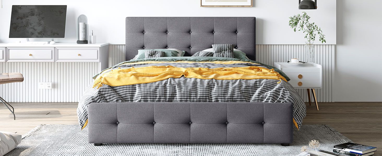 Upholstered Platform Bed with Classic Headboard and 4 Drawers; No Box Spring Needed; Linen Fabric; Queen Size