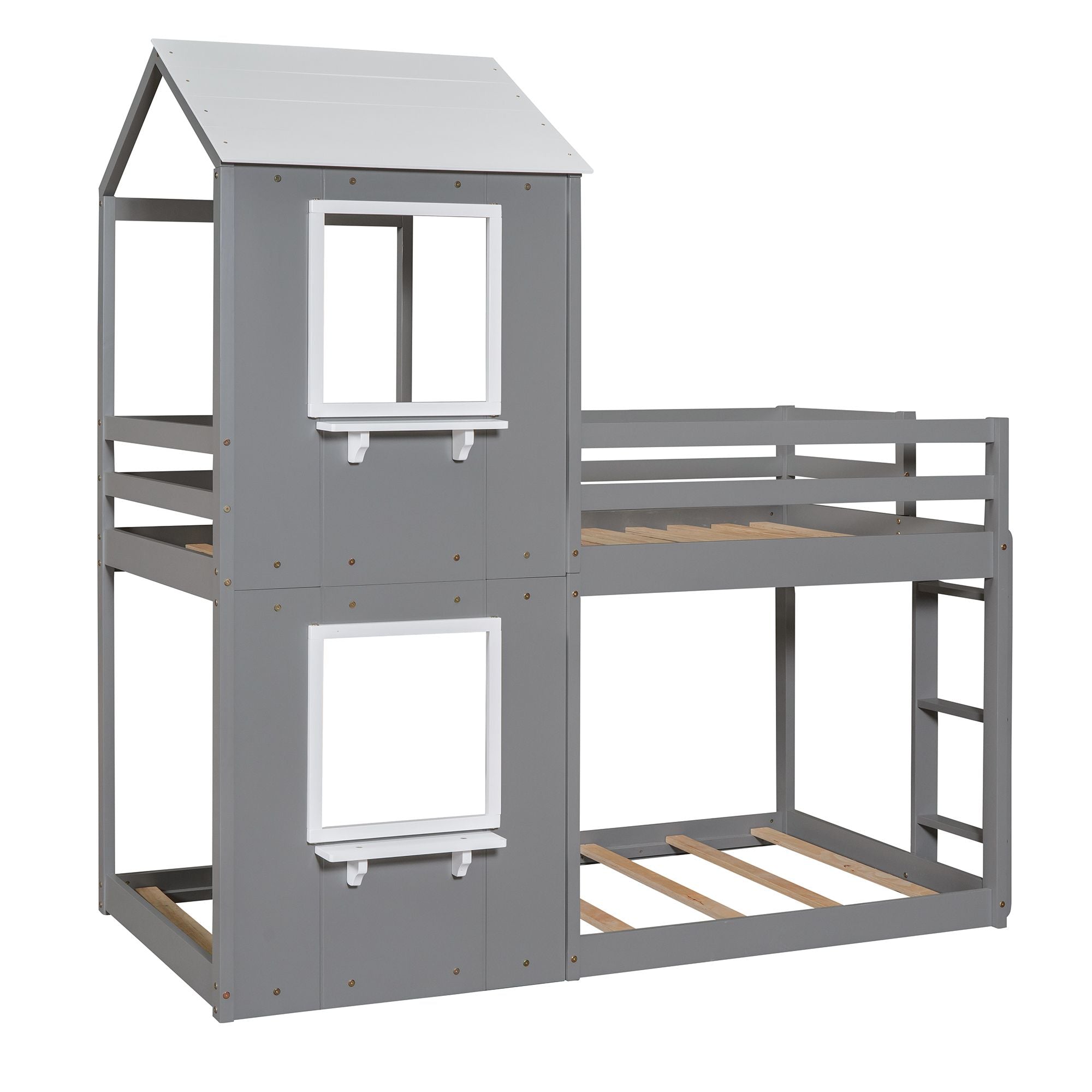 Twin Over Twin Bunk Bed Wood Bed with Roof; Window; Guardrail; Ladder