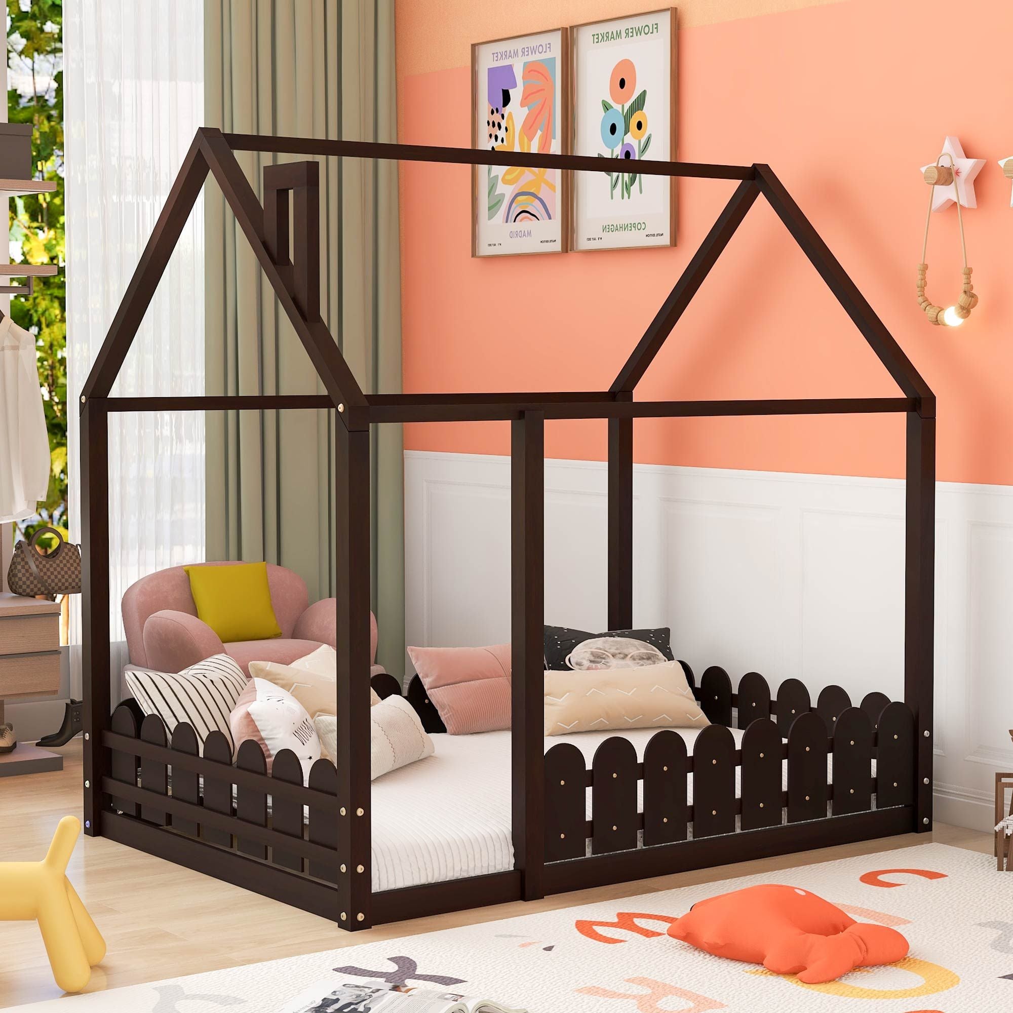 (Slats are not included) Full Size Wood Bed House Bed Frame with Fence; for Kids; Teens; Girls; Boys