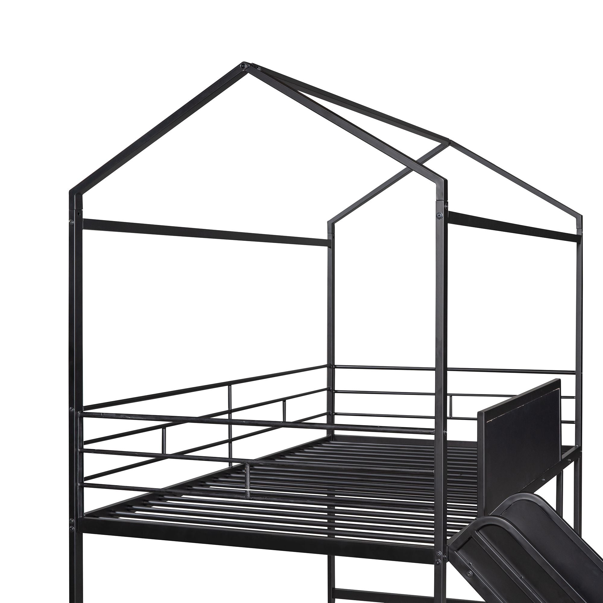 Metal House Bed With Slide; Twin Size Metal Loft Bed with Two-sided writable Wooden Board