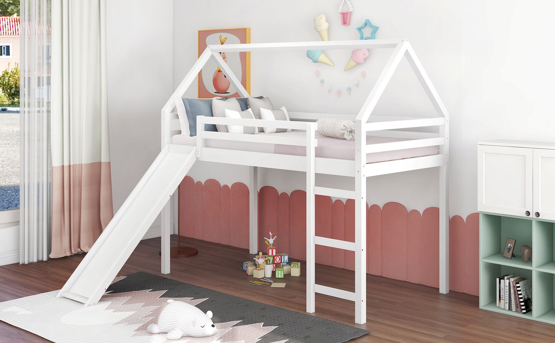 Twin Size Loft Bed with Slide; House Bed with Slide