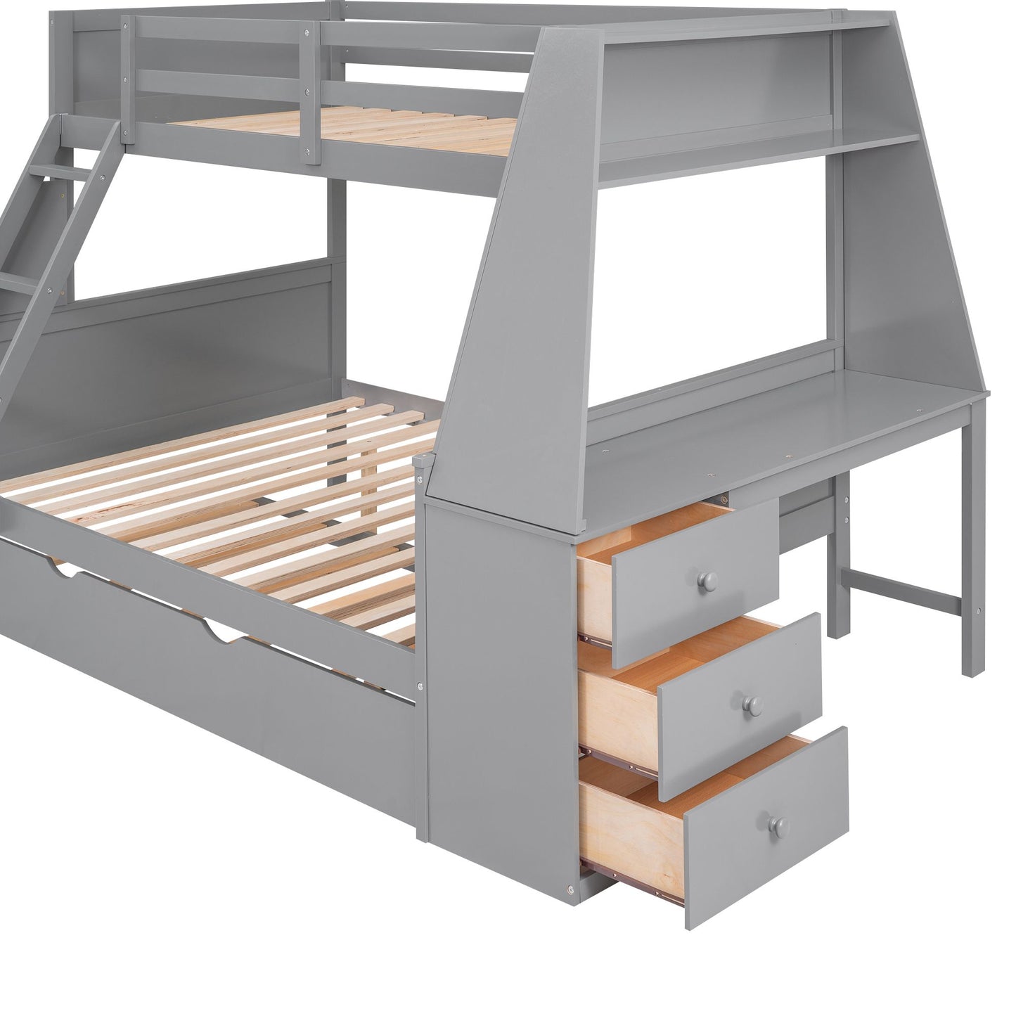 Twin over Full Bunk Bed with Trundle and Built-in Desk; Three Storage Drawers and Shelf