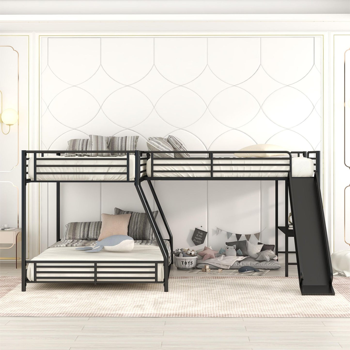 L-Shaped Twin over Full Bunk Bed with Twin Size Loft Bed; Built-in Desk and Slide