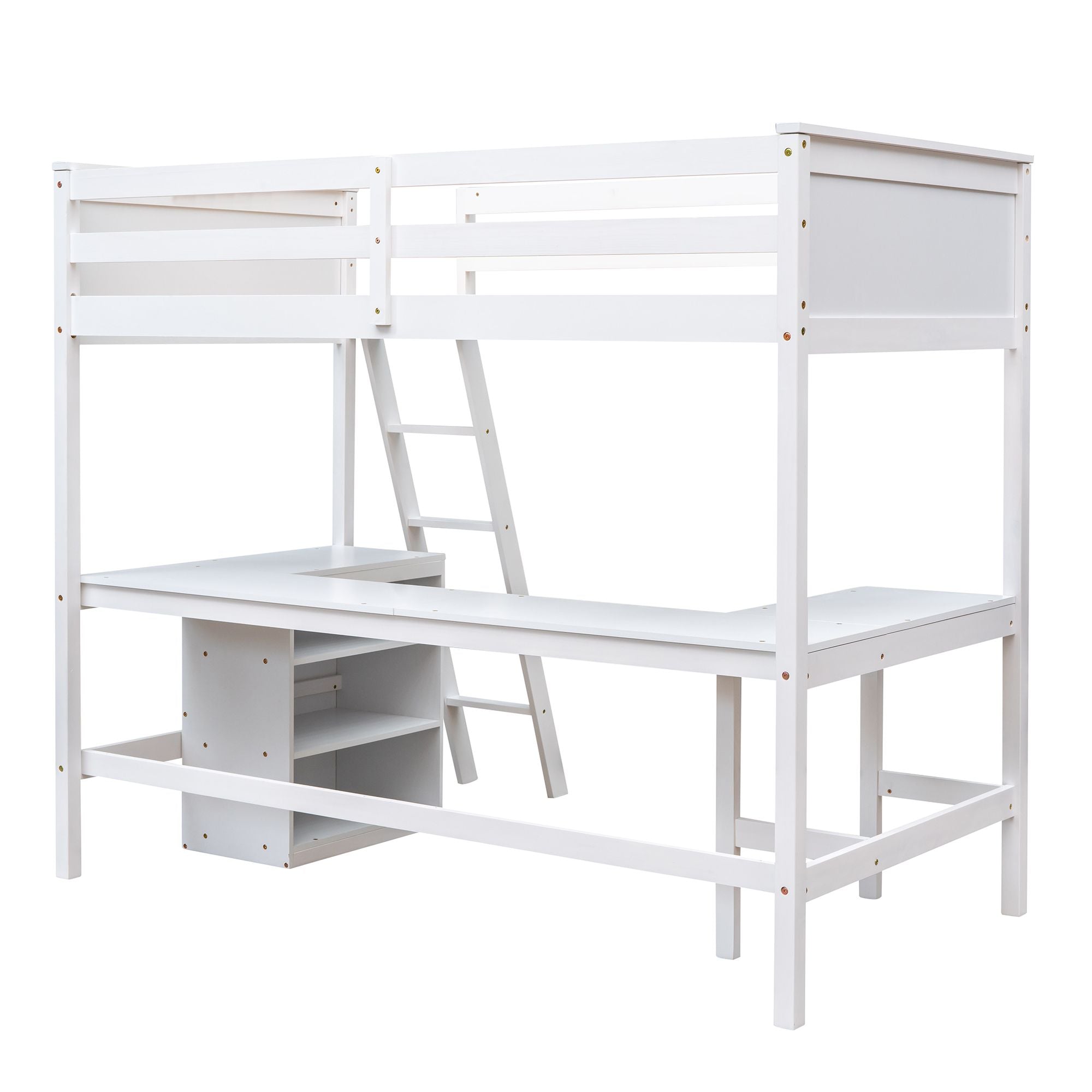 Twin size Loft Bed with Shelves and Desk; Wooden Loft Bed with Desk