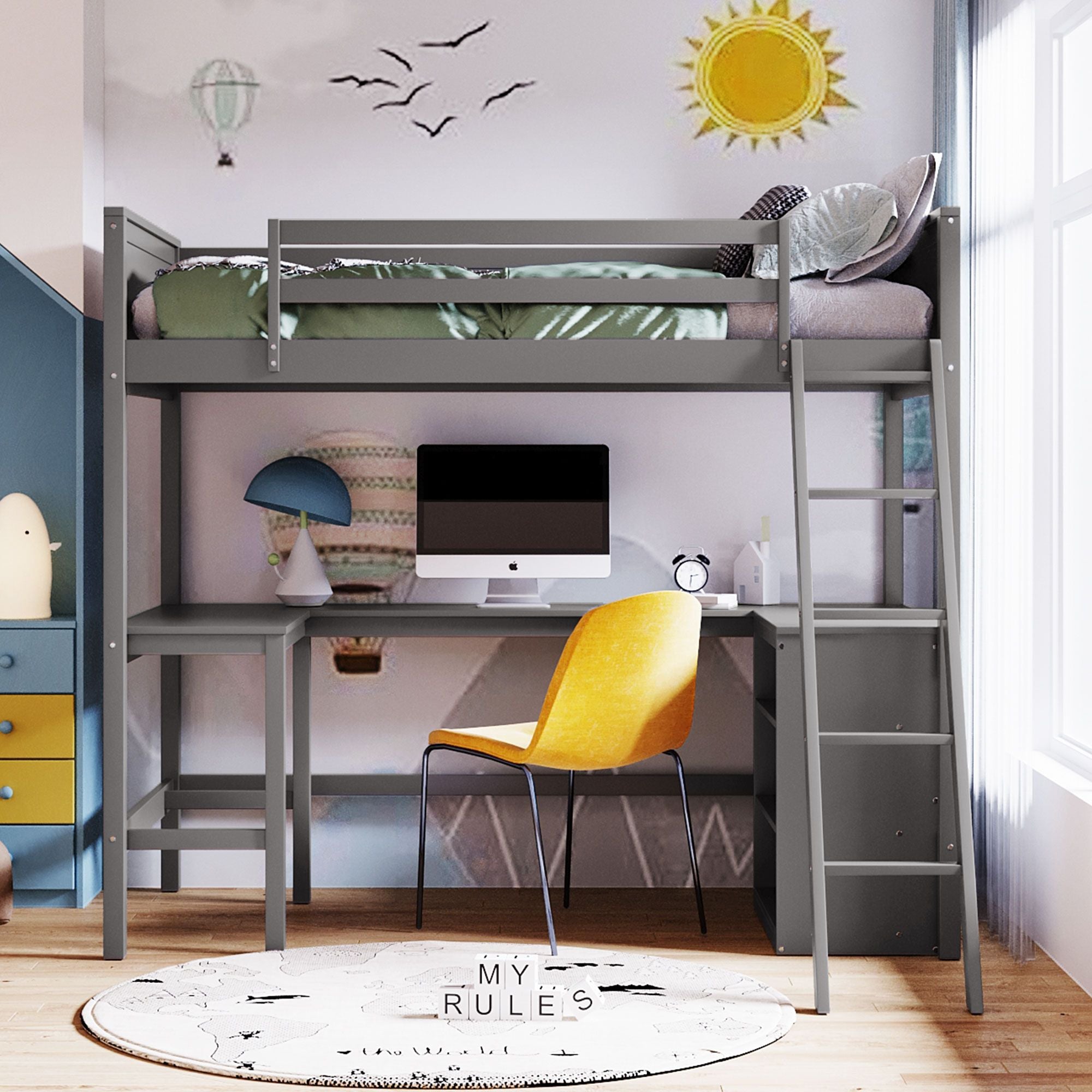 Twin size Loft Bed with Shelves and Desk; Wooden Loft Bed with Desk