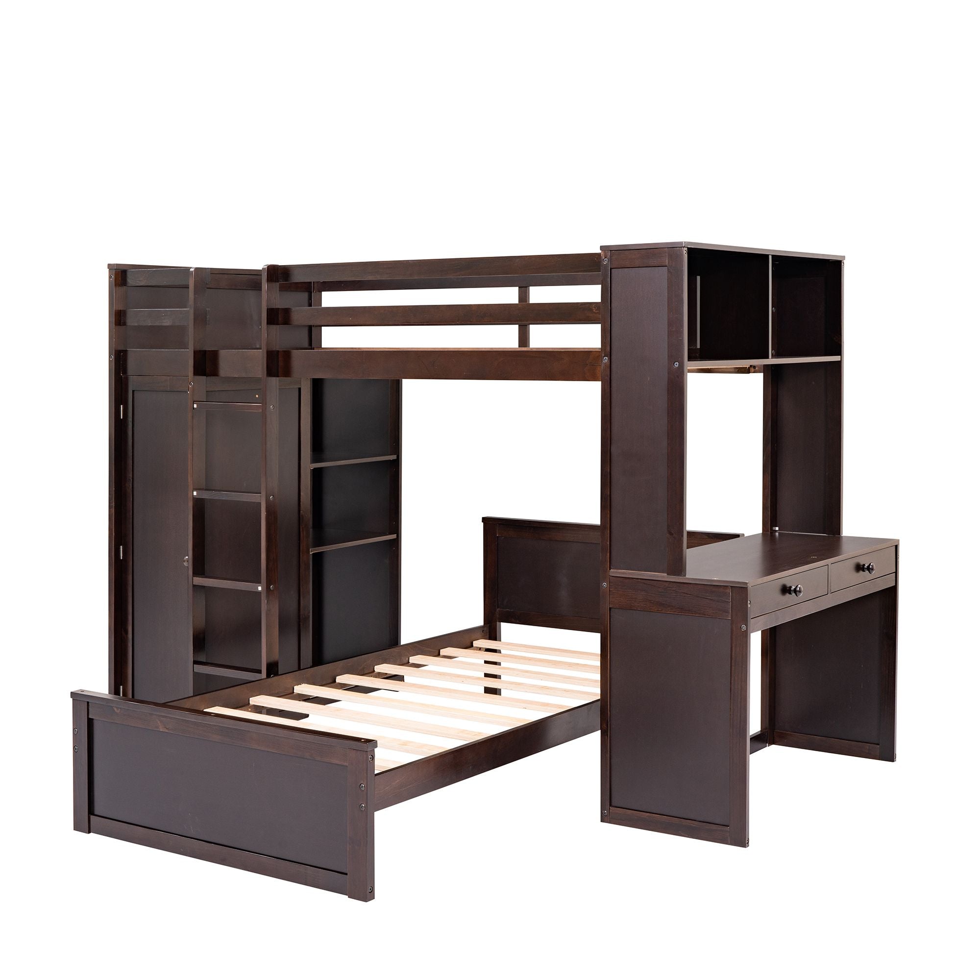 Twin size Loft Bed with a Stand-alone bed; Shelves; Desk; and Wardrobe
