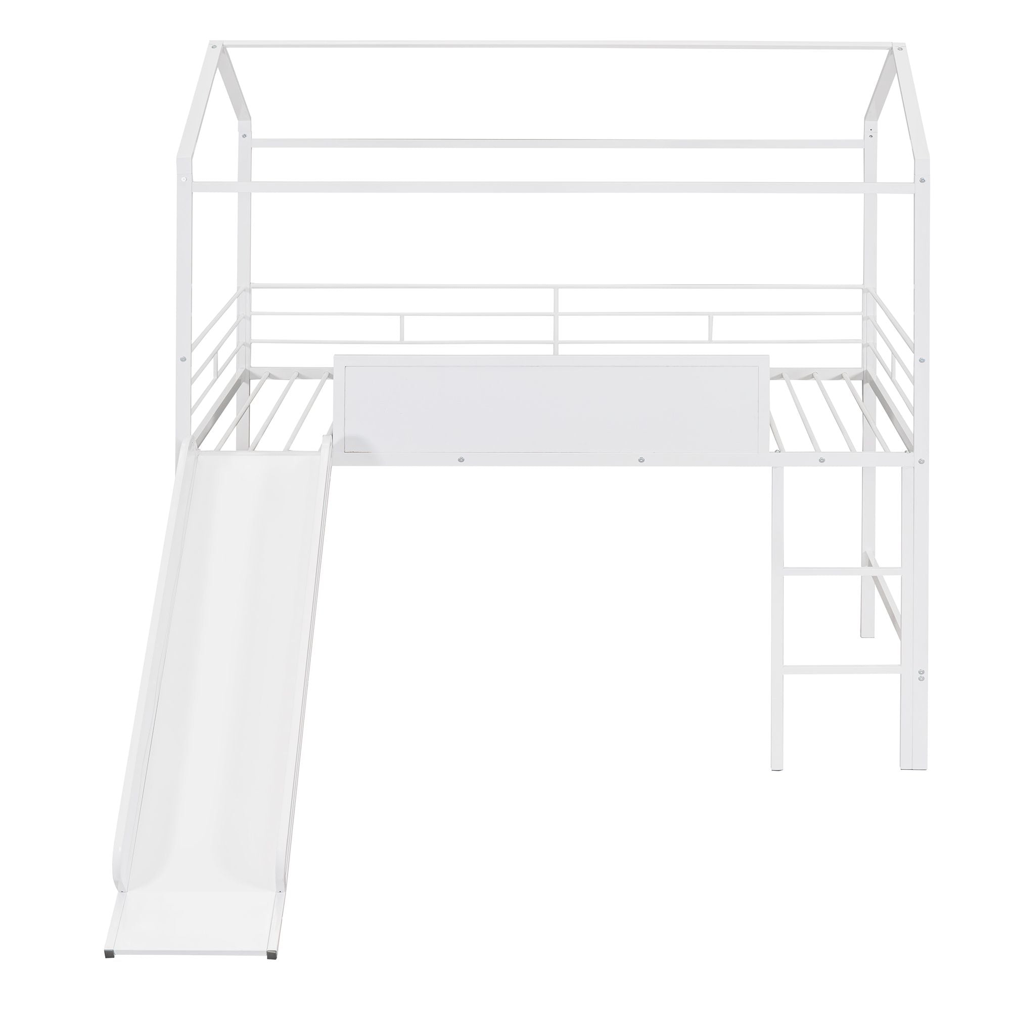 Metal House Bed With Slide; Twin Size Metal Loft Bed with Two-sided writable Wooden Board