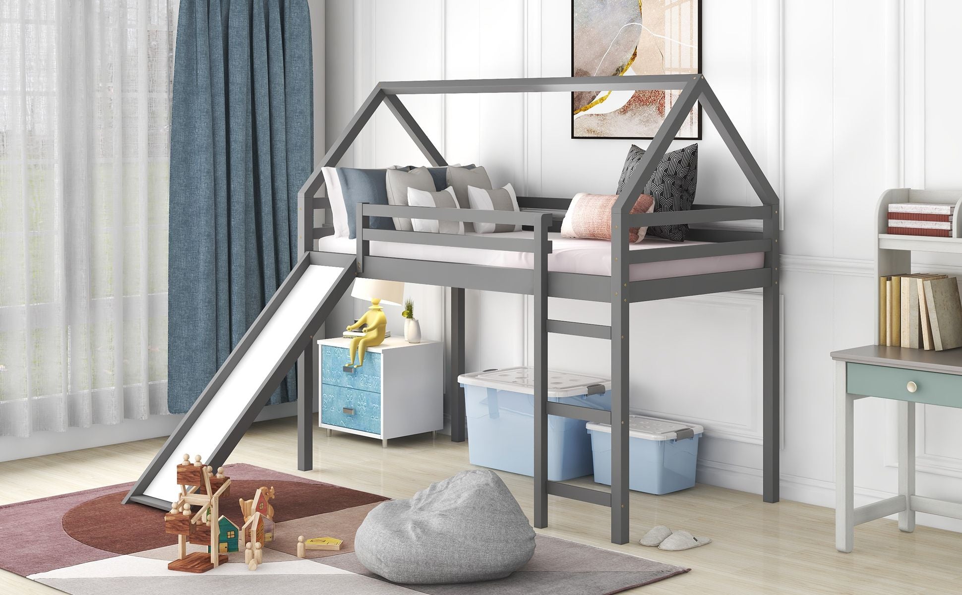 Twin Size Loft Bed with Slide; House Bed with Slide