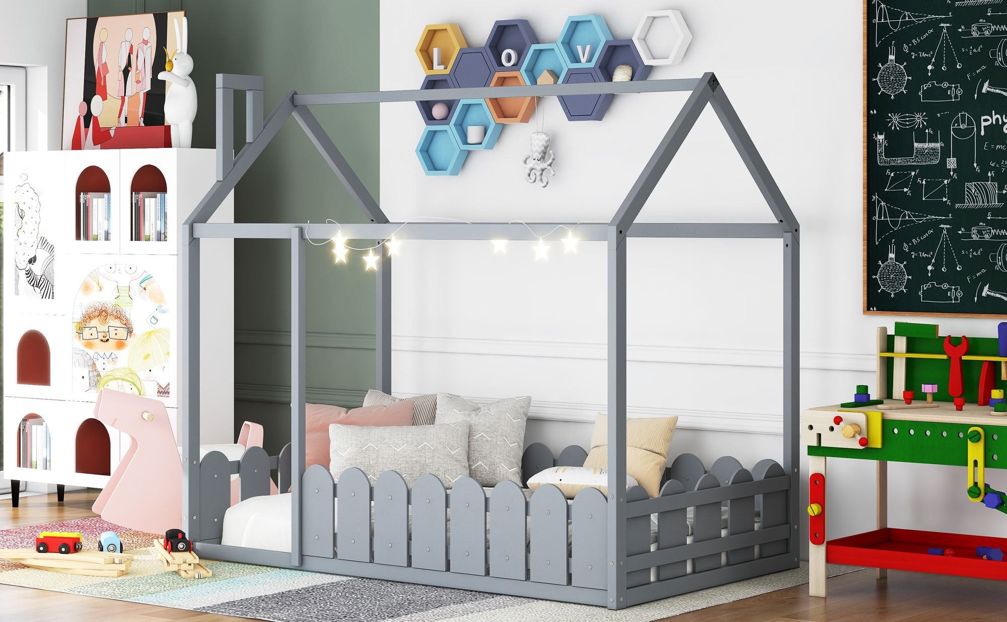 (Slats are not included) Twin Size Wood Bed House Bed Frame with Fence; for Kids; Teens; Girls; Boys