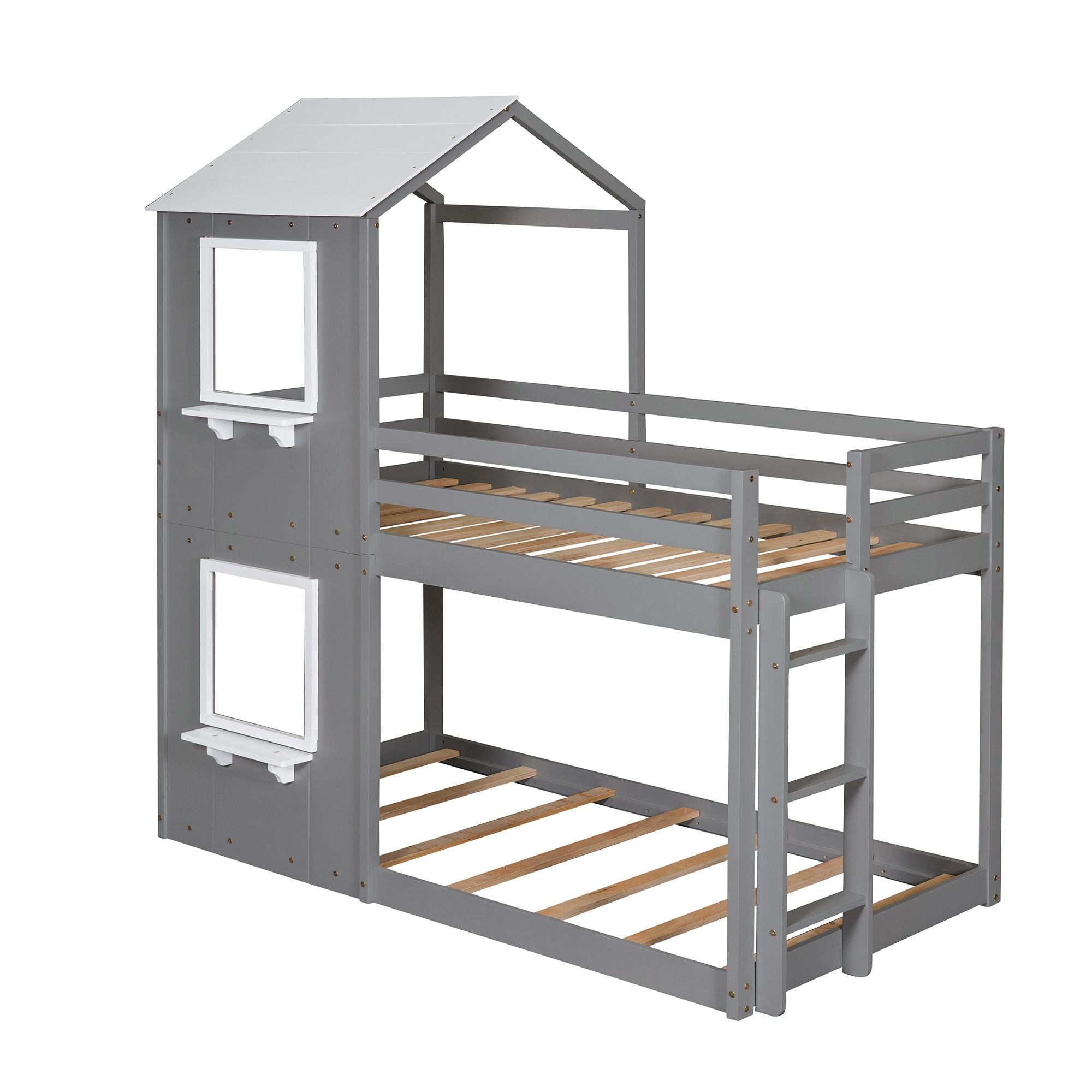 Twin Over Twin Bunk Bed Wood Bed with Roof; Window; Guardrail; Ladder