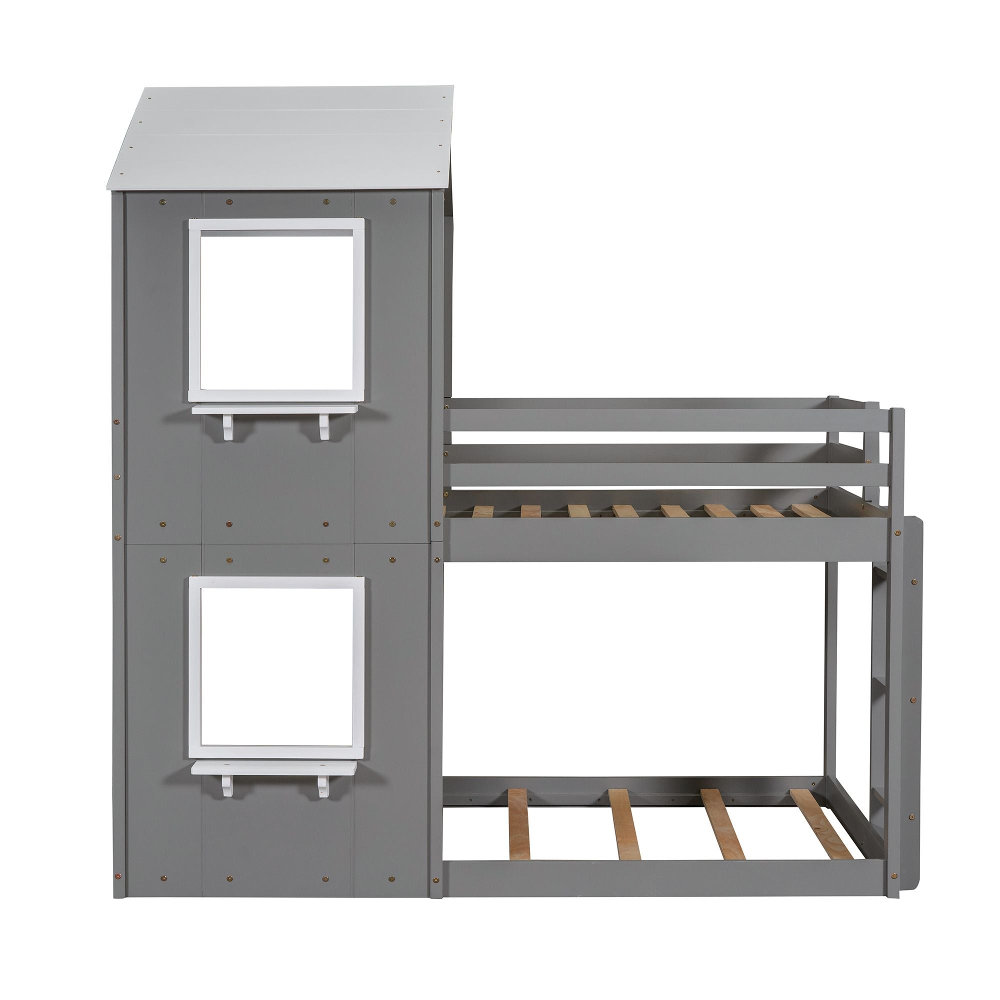 Twin Over Twin Bunk Bed Wood Bed with Roof; Window; Guardrail; Ladder