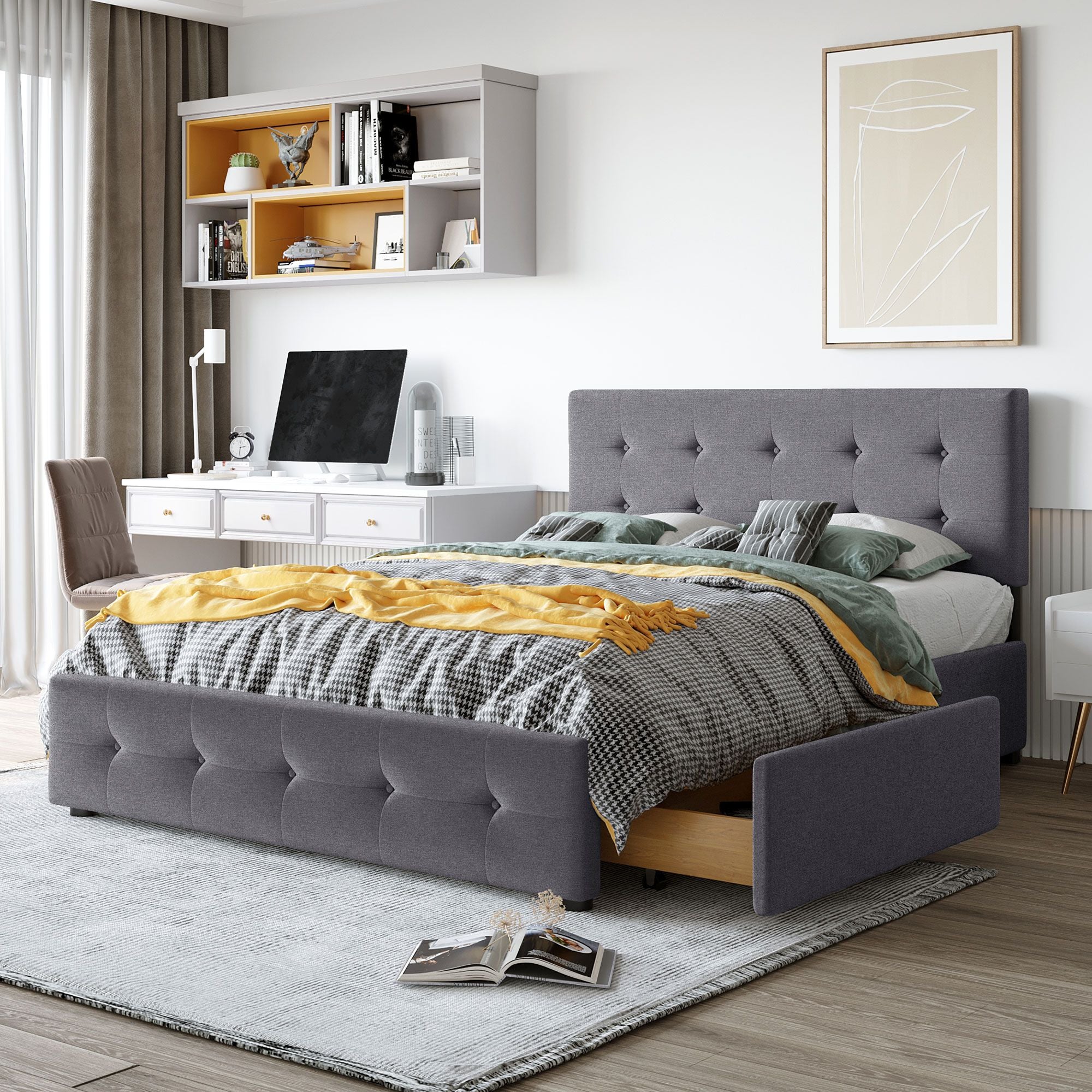 Upholstered Platform Bed with Classic Headboard and 4 Drawers; No Box Spring Needed; Linen Fabric; Queen Size