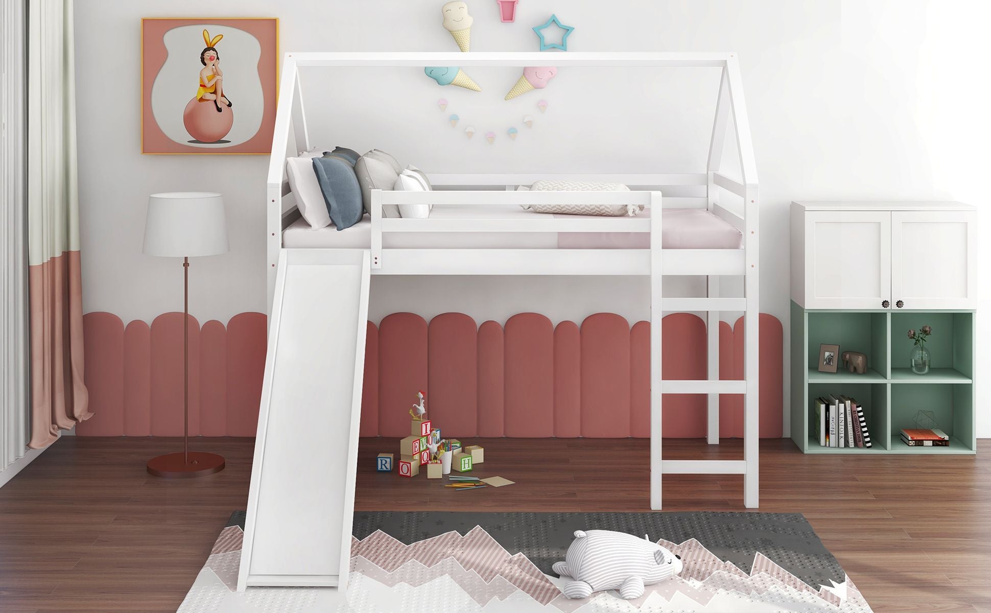 Twin Size Loft Bed with Slide; House Bed with Slide
