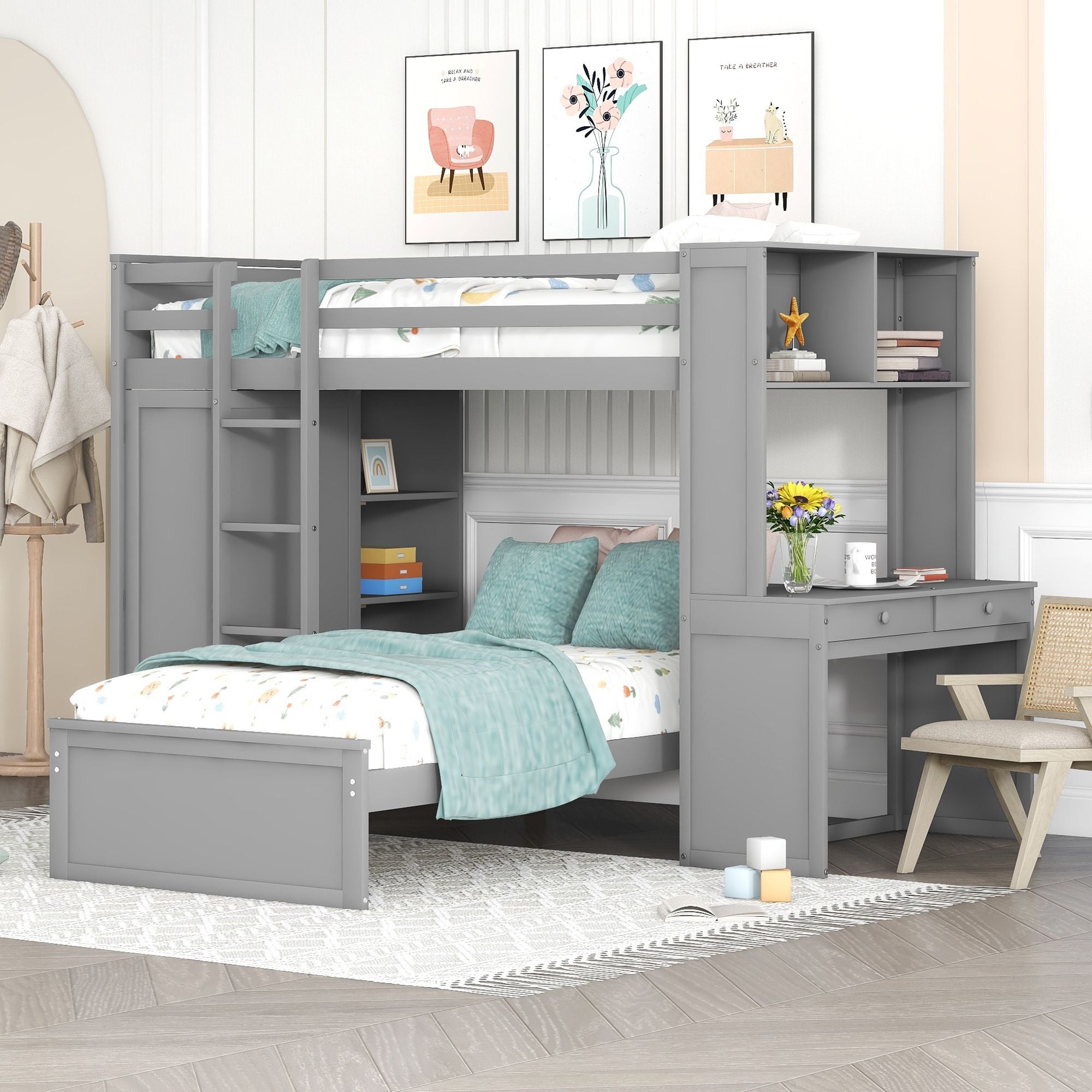 Twin size Loft Bed with a Stand-alone bed; Shelves; Desk; and Wardrobe