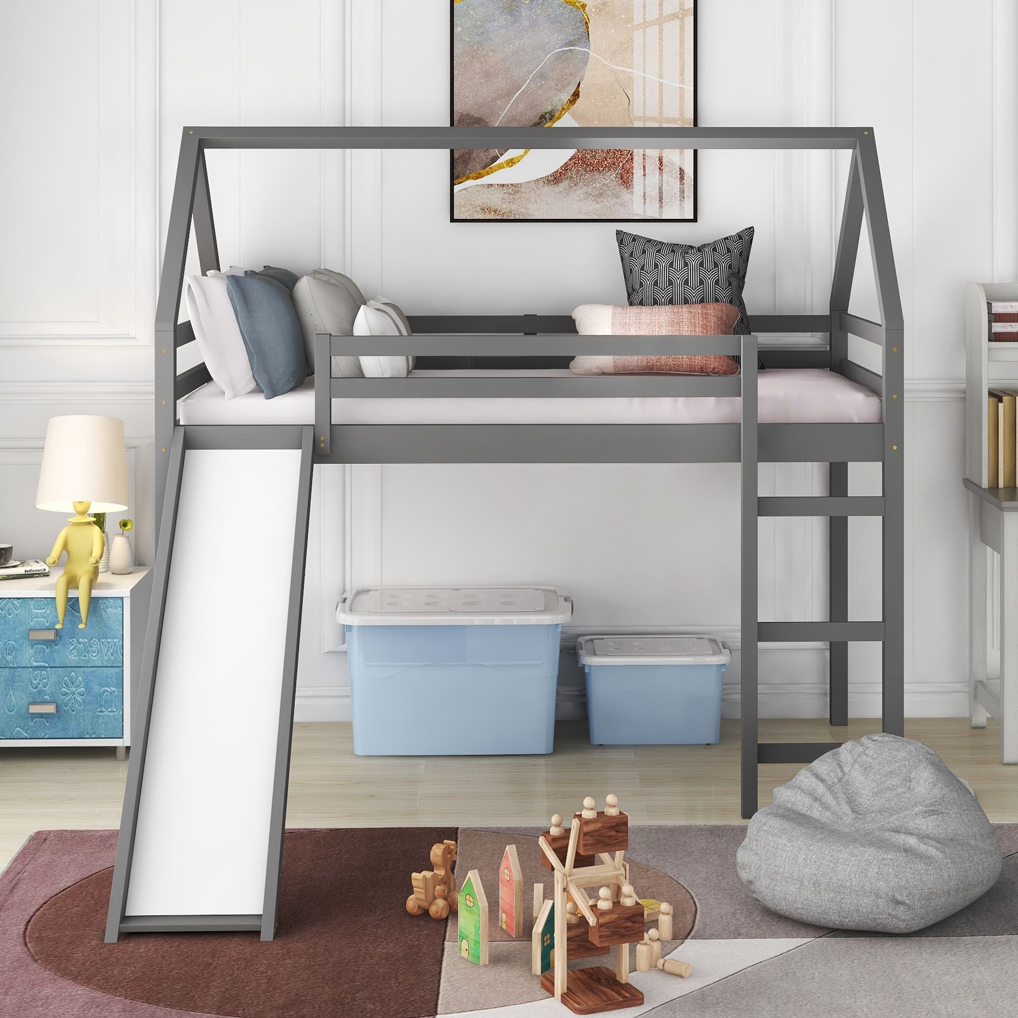 Twin Size Loft Bed with Slide; House Bed with Slide