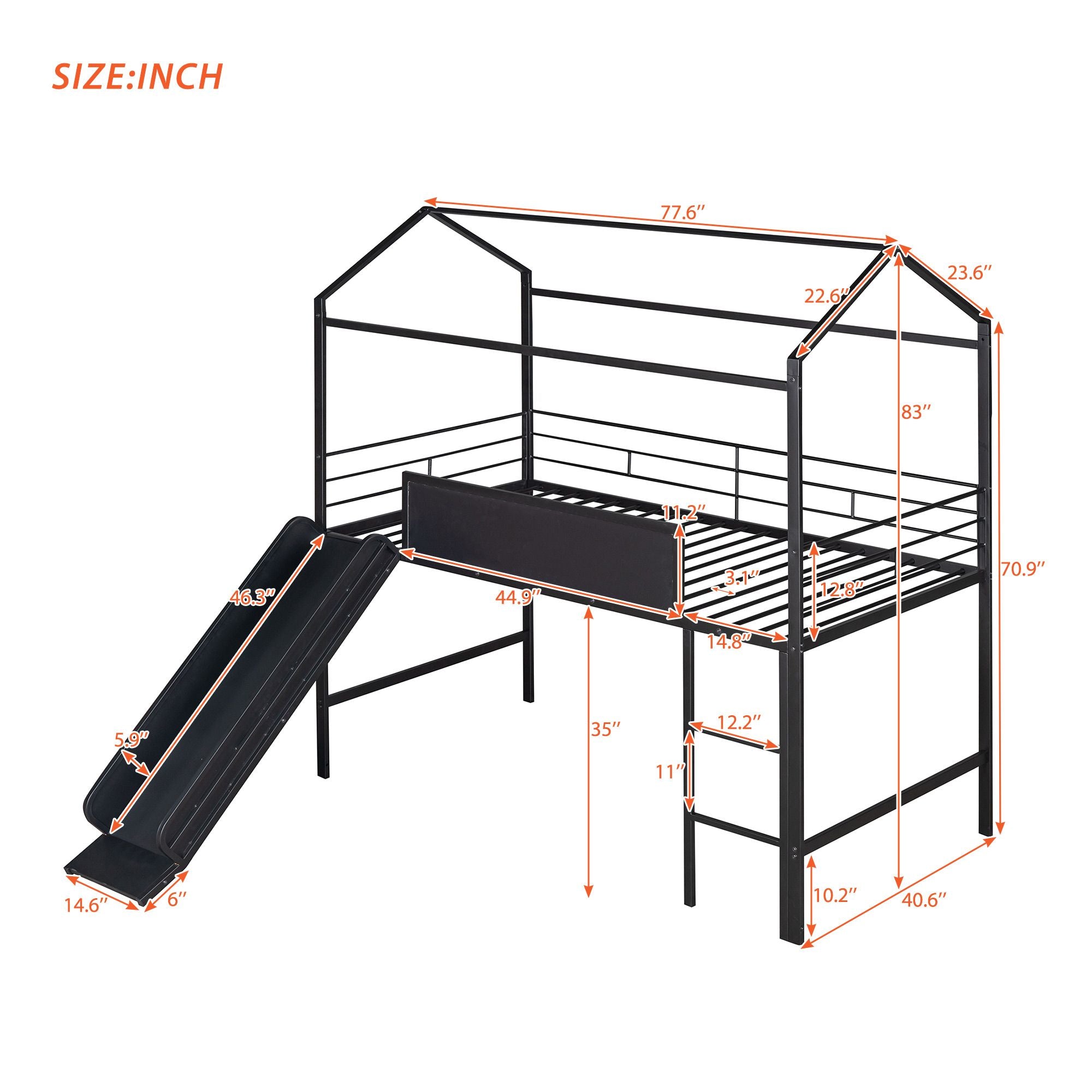 Metal House Bed With Slide; Twin Size Metal Loft Bed with Two-sided writable Wooden Board