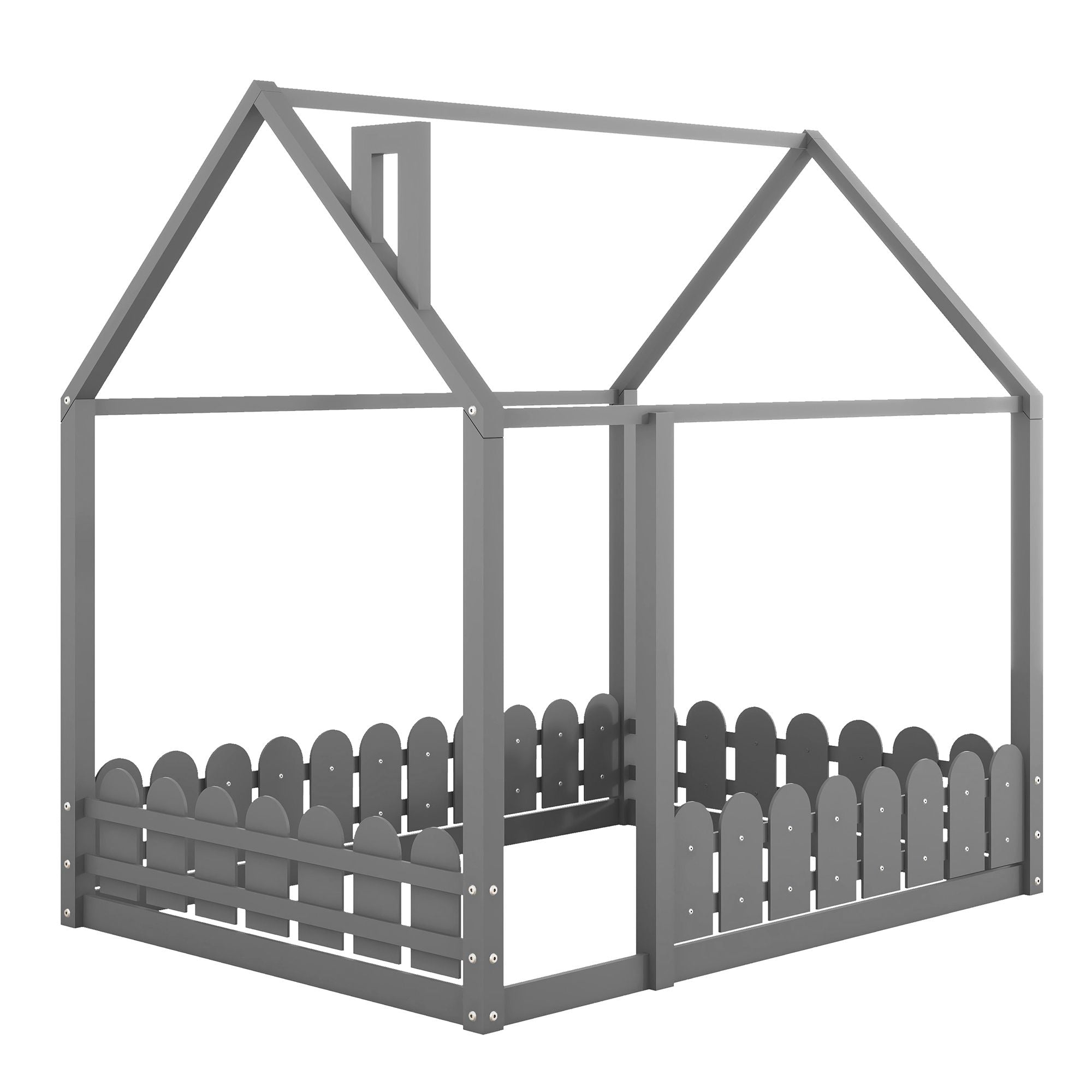 (Slats are not included) Full Size Wood Bed House Bed Frame with Fence; for Kids; Teens; Girls; Boys