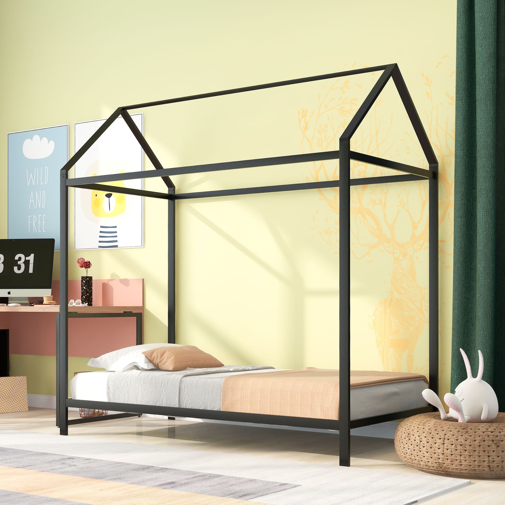 House Bed Frame Twin Size ; Kids Bed Frame Metal Platform Bed Floor Bed for Kids Boys Girls No Box Spring Needed