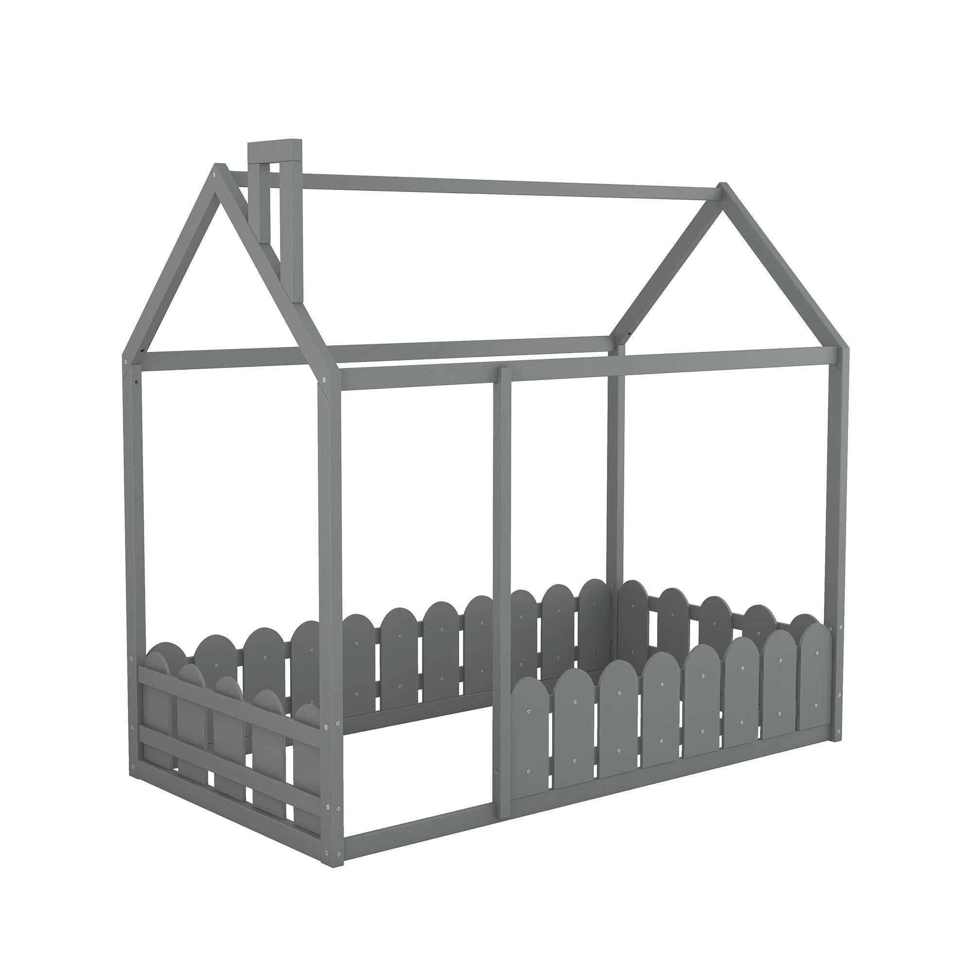 (Slats are not included) Twin Size Wood Bed House Bed Frame with Fence; for Kids; Teens; Girls; Boys