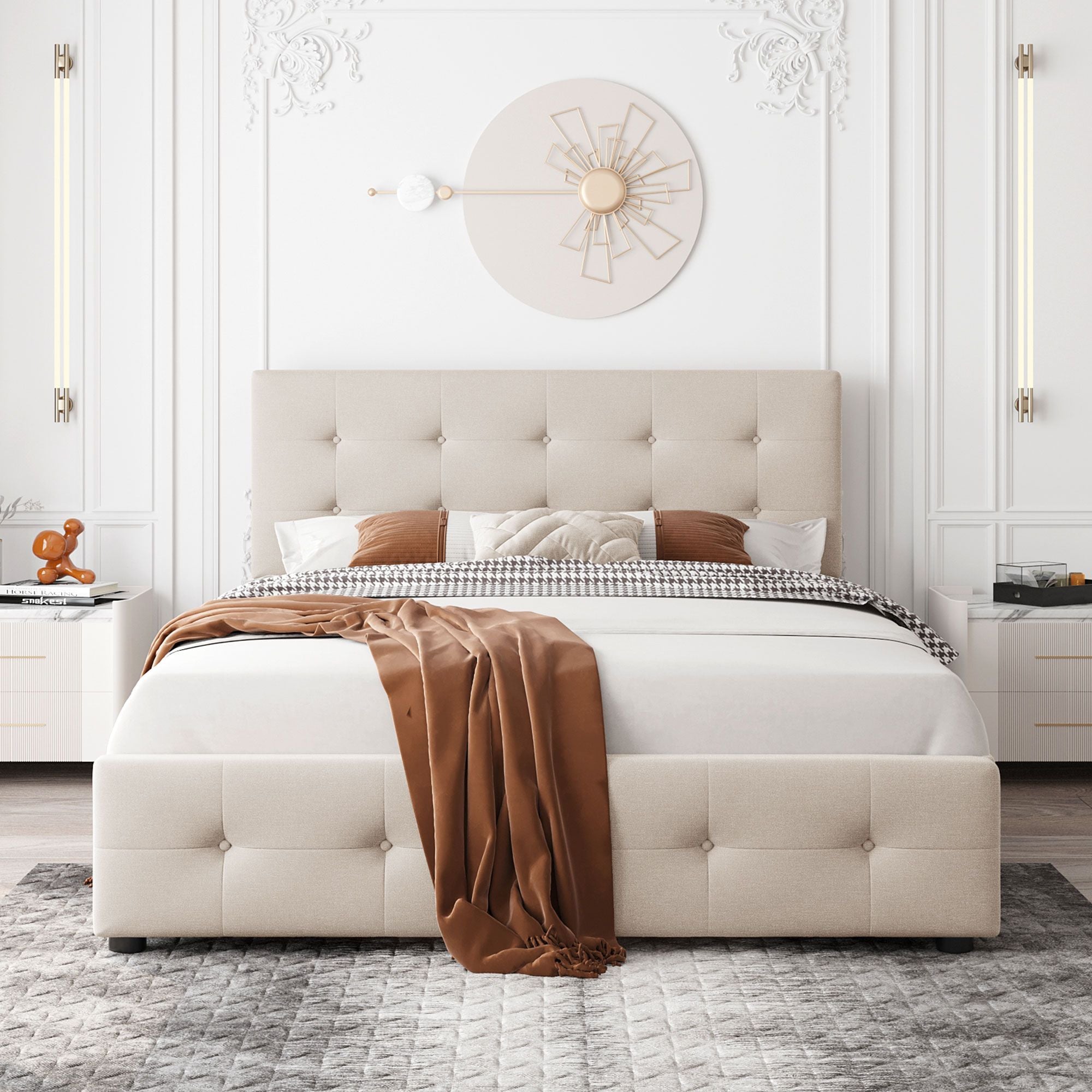 Upholstered Platform Bed with Classic Headboard and 4 Drawers; No Box Spring Needed; Linen Fabric; Queen Size