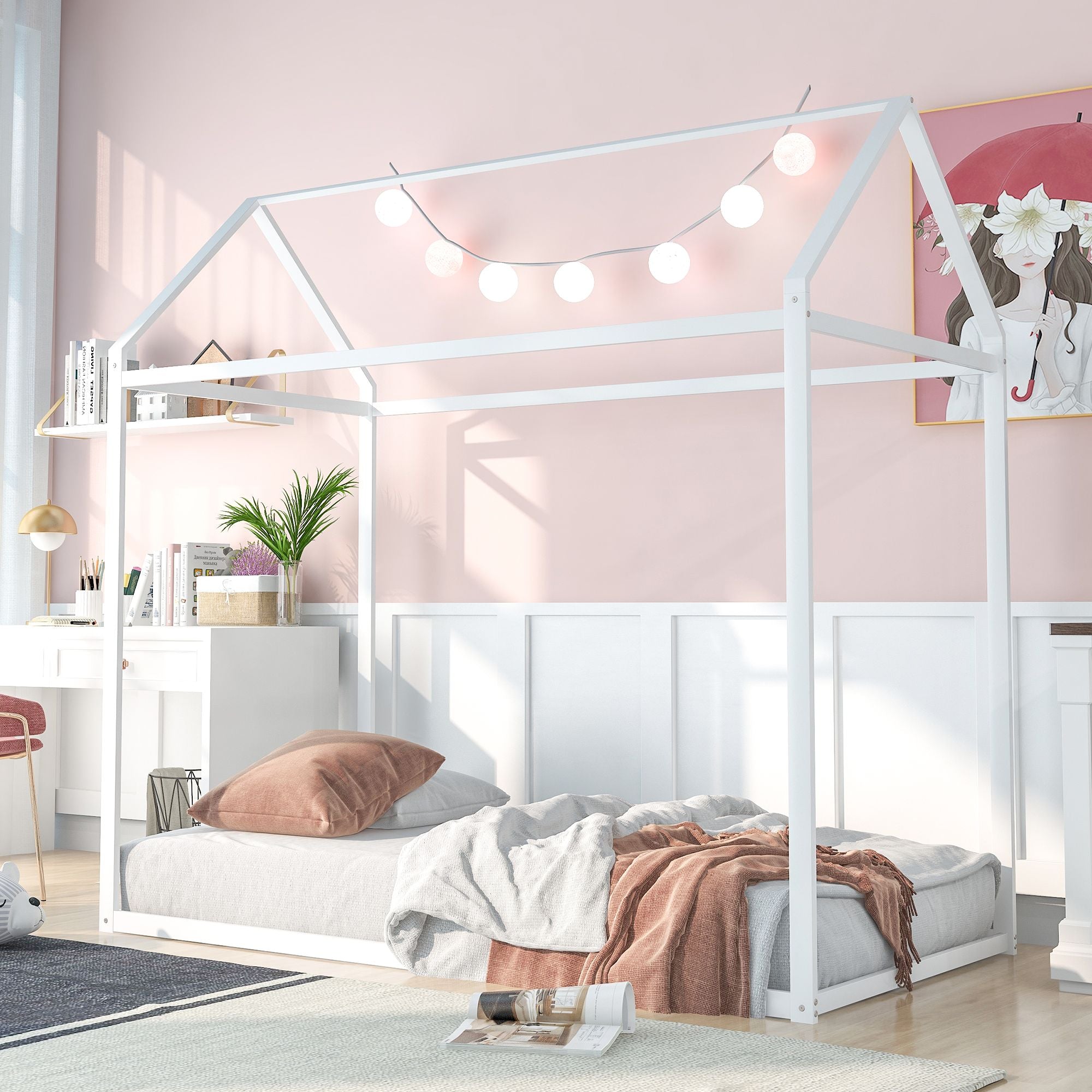 House Bed Frame Twin Size ; Kids Bed Frame Metal Platform Bed Floor Bed for Kids Boys Girls No Box Spring Needed