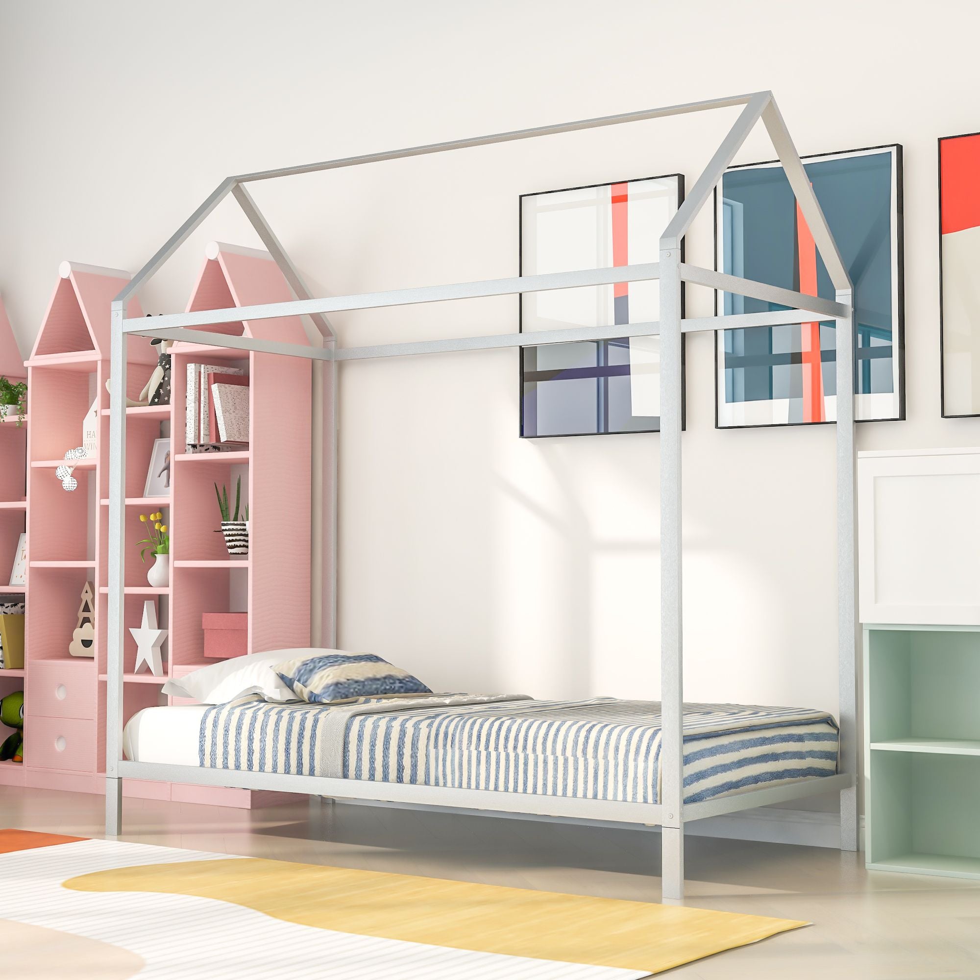 House Bed Frame Twin Size ; Kids Bed Frame Metal Platform Bed Floor Bed for Kids Boys Girls No Box Spring Needed