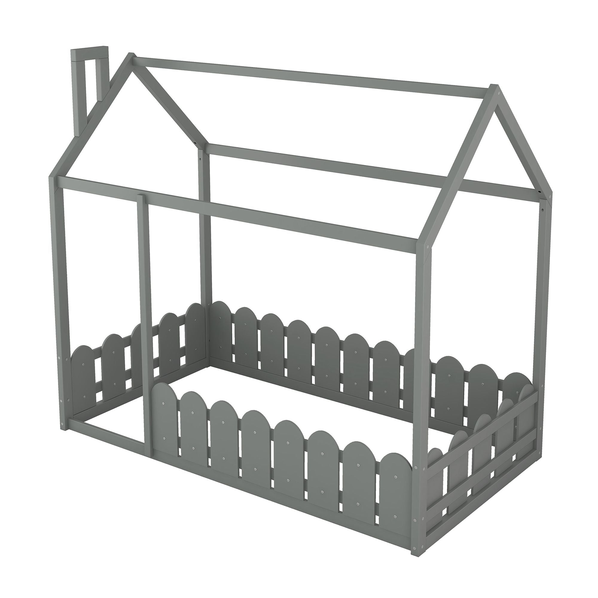 (Slats are not included) Twin Size Wood Bed House Bed Frame with Fence; for Kids; Teens; Girls; Boys
