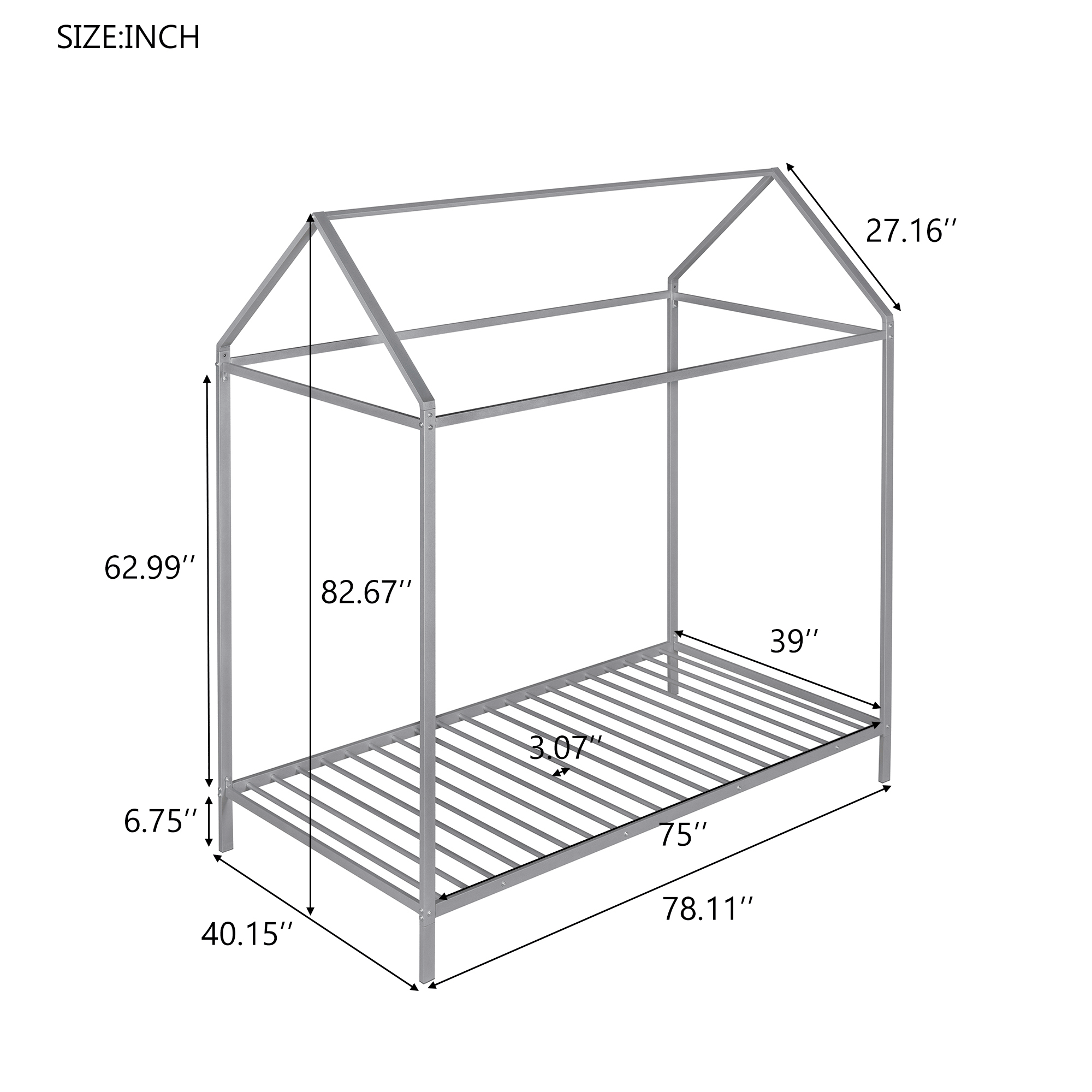 House Bed Frame Twin Size ; Kids Bed Frame Metal Platform Bed Floor Bed for Kids Boys Girls No Box Spring Needed