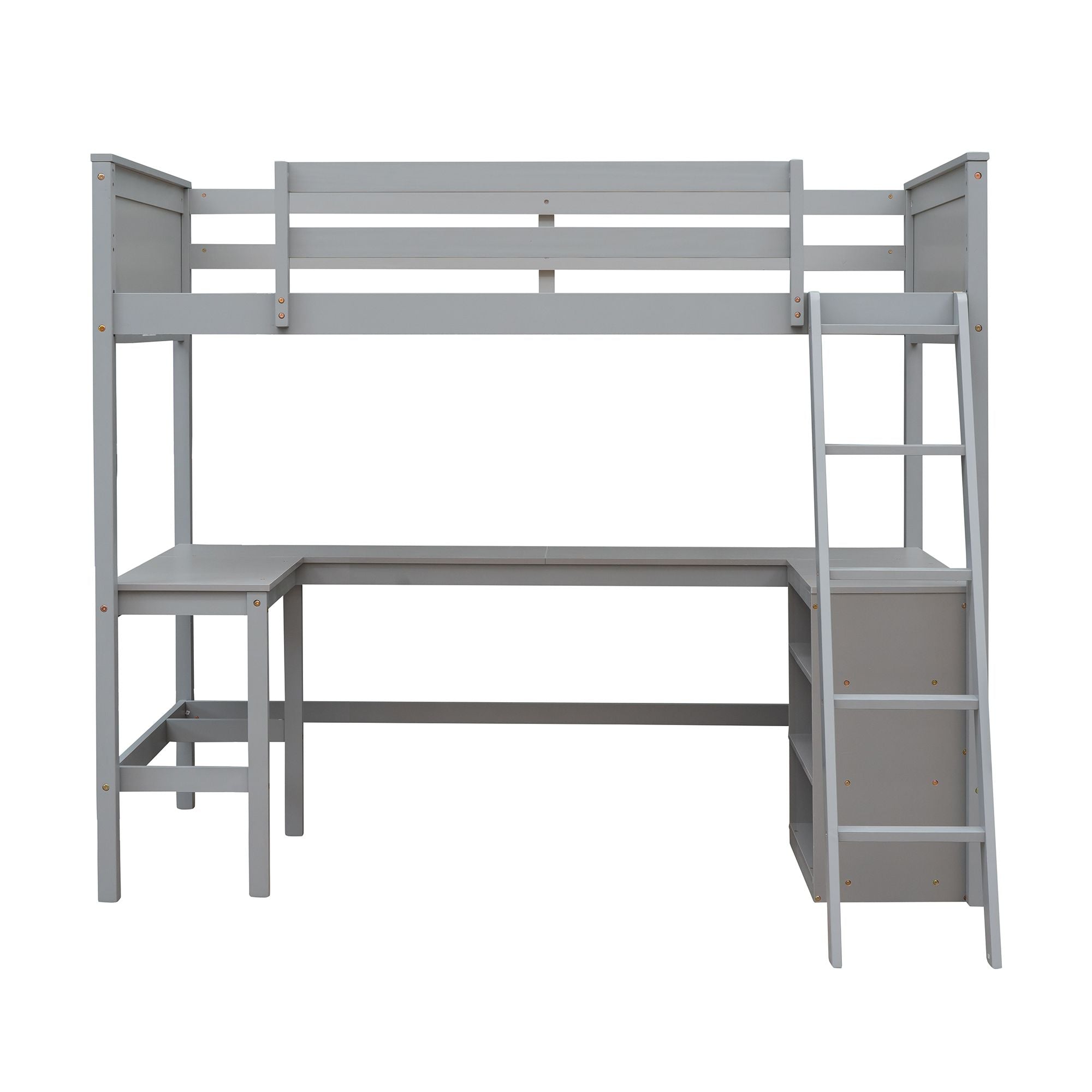 Twin size Loft Bed with Shelves and Desk; Wooden Loft Bed with Desk