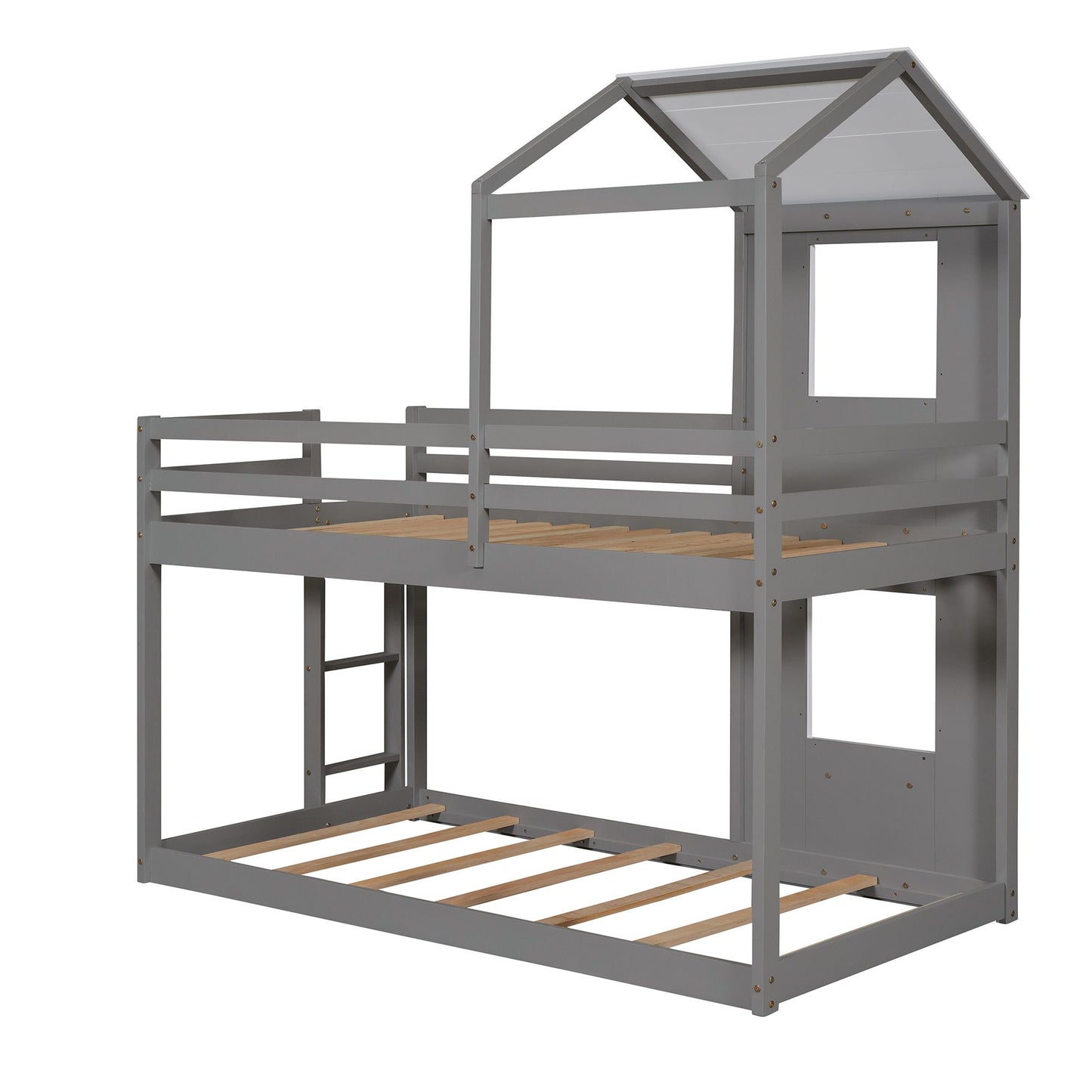 Twin Over Twin Bunk Bed Wood Bed with Roof; Window; Guardrail; Ladder