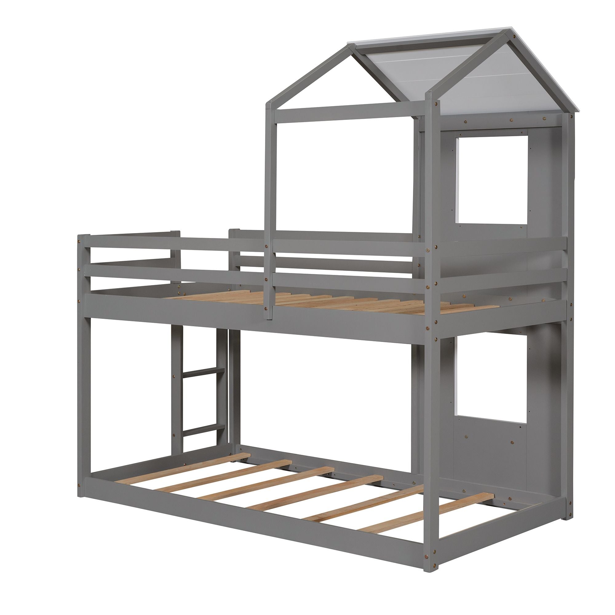 Twin Over Twin Bunk Bed Wood Bed with Roof; Window; Guardrail; Ladder