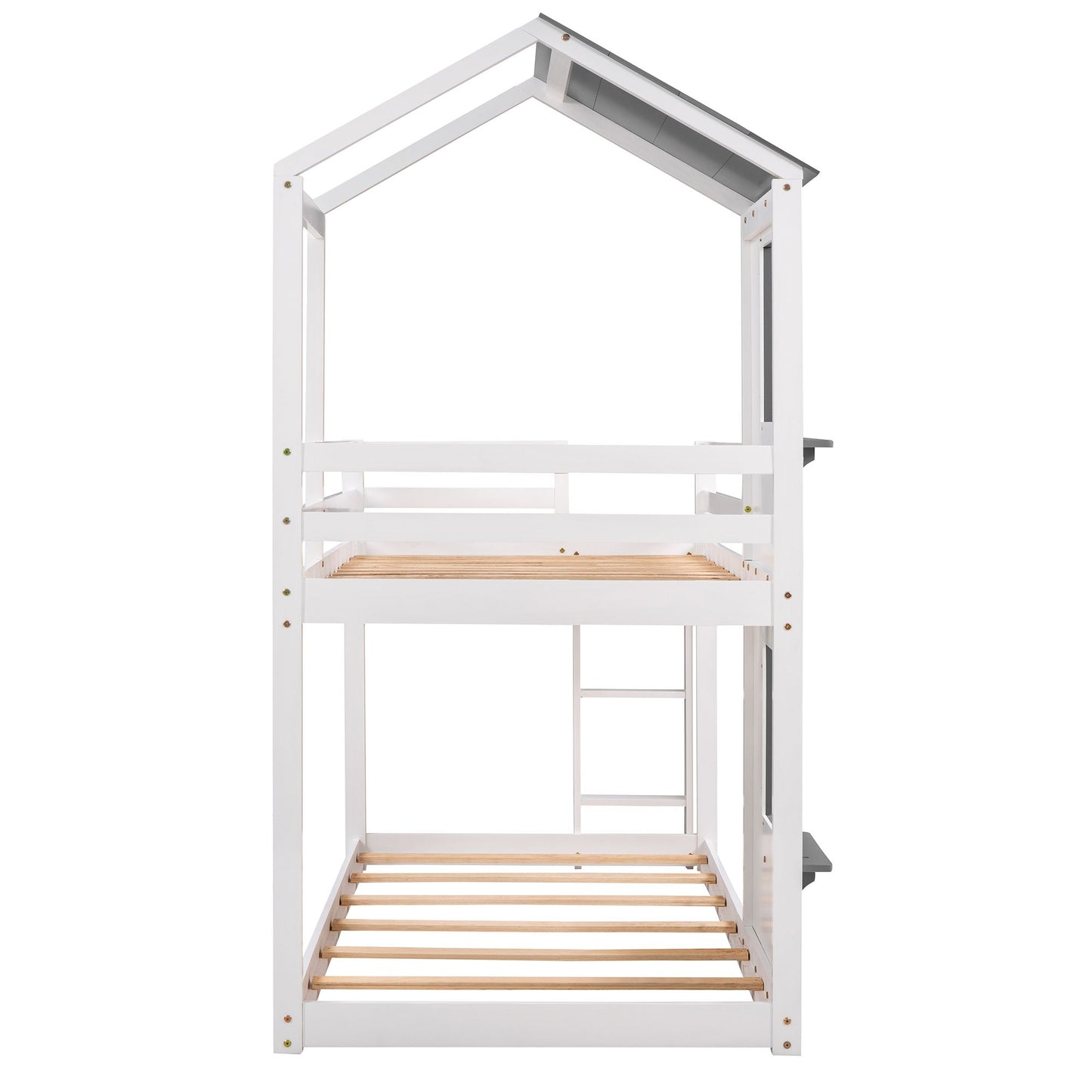 Twin Over Twin Bunk Bed Wood Bed with Roof; Window; Guardrail; Ladder