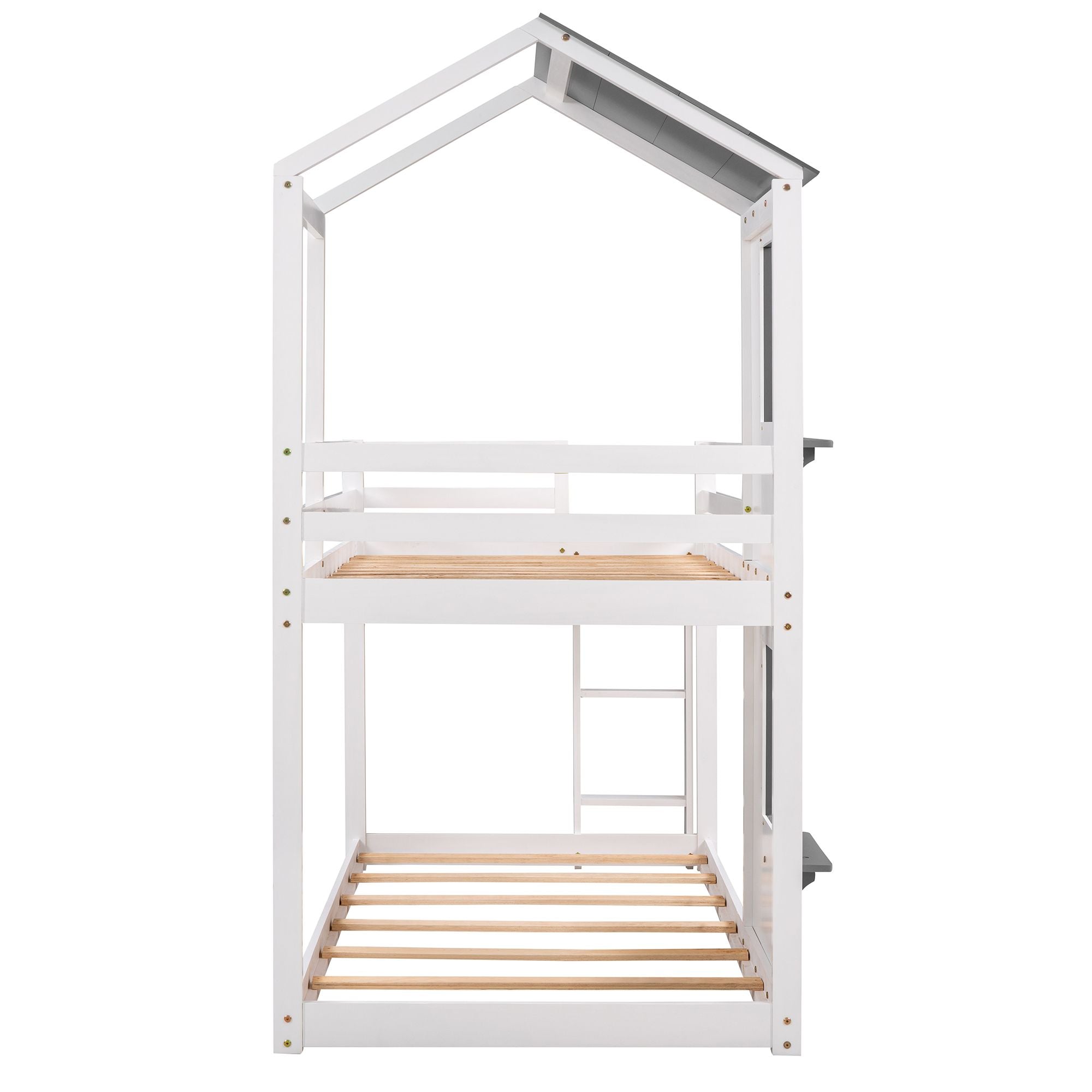 Twin Over Twin Bunk Bed Wood Bed with Roof; Window; Guardrail; Ladder