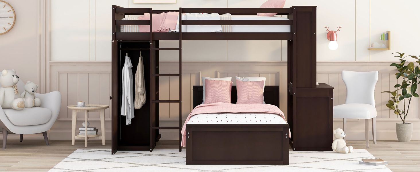 Twin size Loft Bed with a Stand-alone bed; Shelves; Desk; and Wardrobe