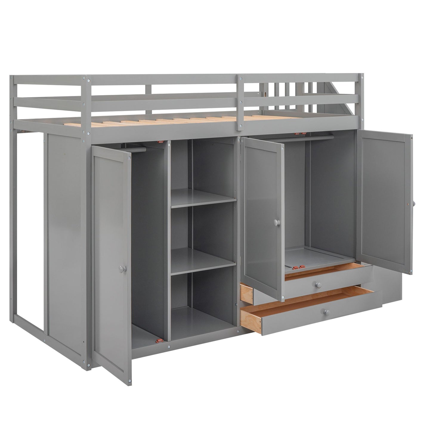 Functional Loft Bed with 3 Shelves; 2 Wardrobes and 2 Drawers; Ladder with Storage; No Box Spring Needed