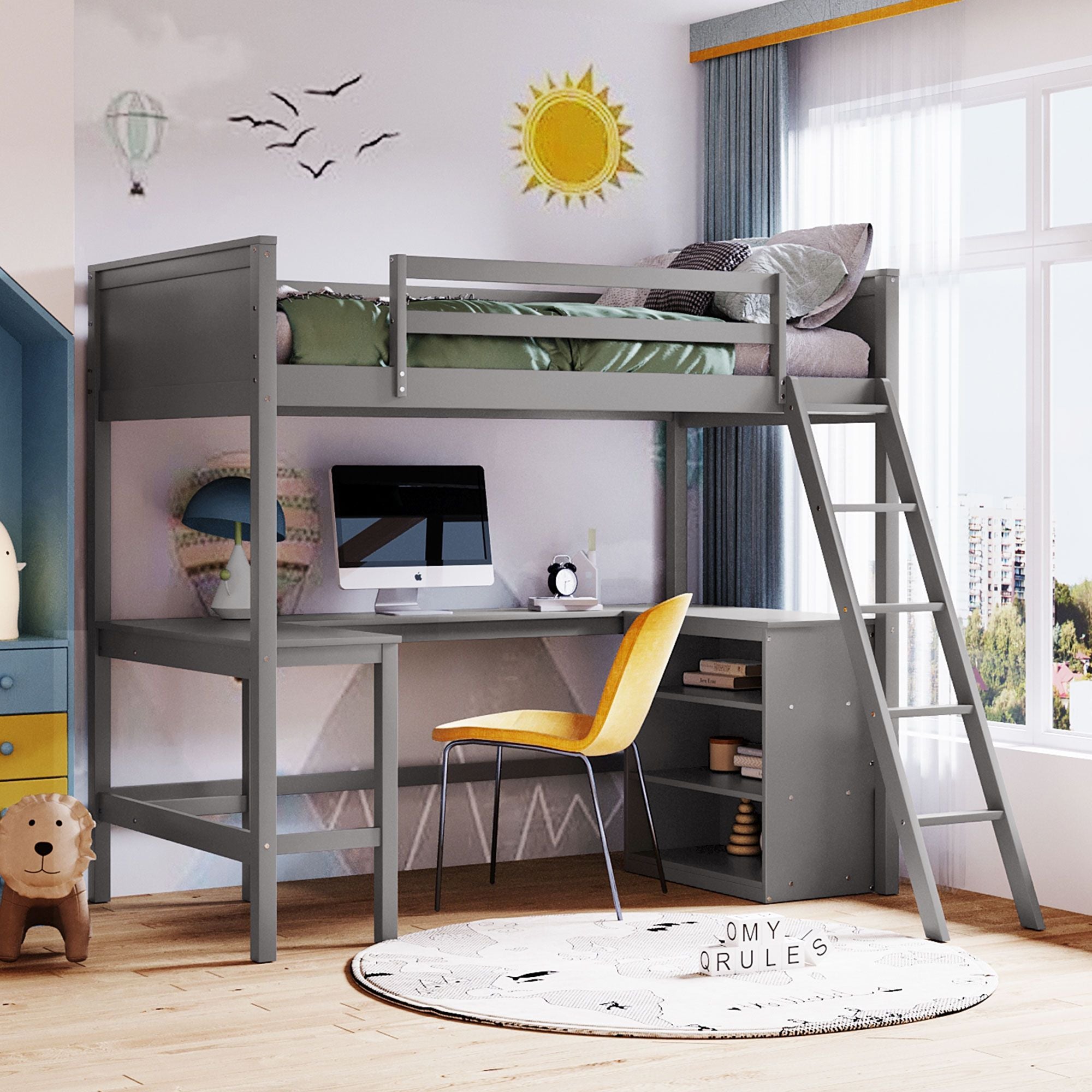 Twin size Loft Bed with Shelves and Desk; Wooden Loft Bed with Desk