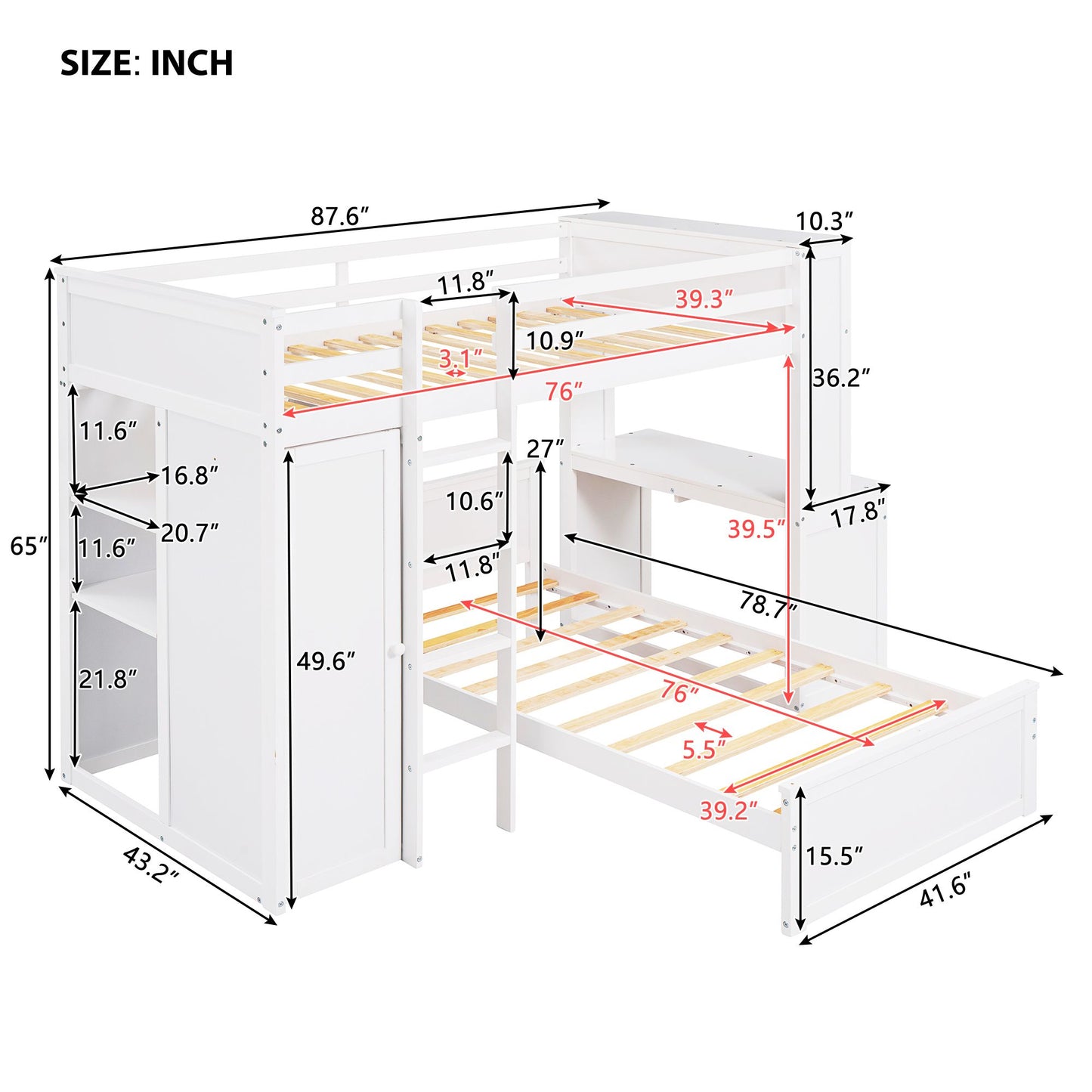 Twin size Loft Bed with a Stand-alone bed; Shelves; Desk; and Wardrobe