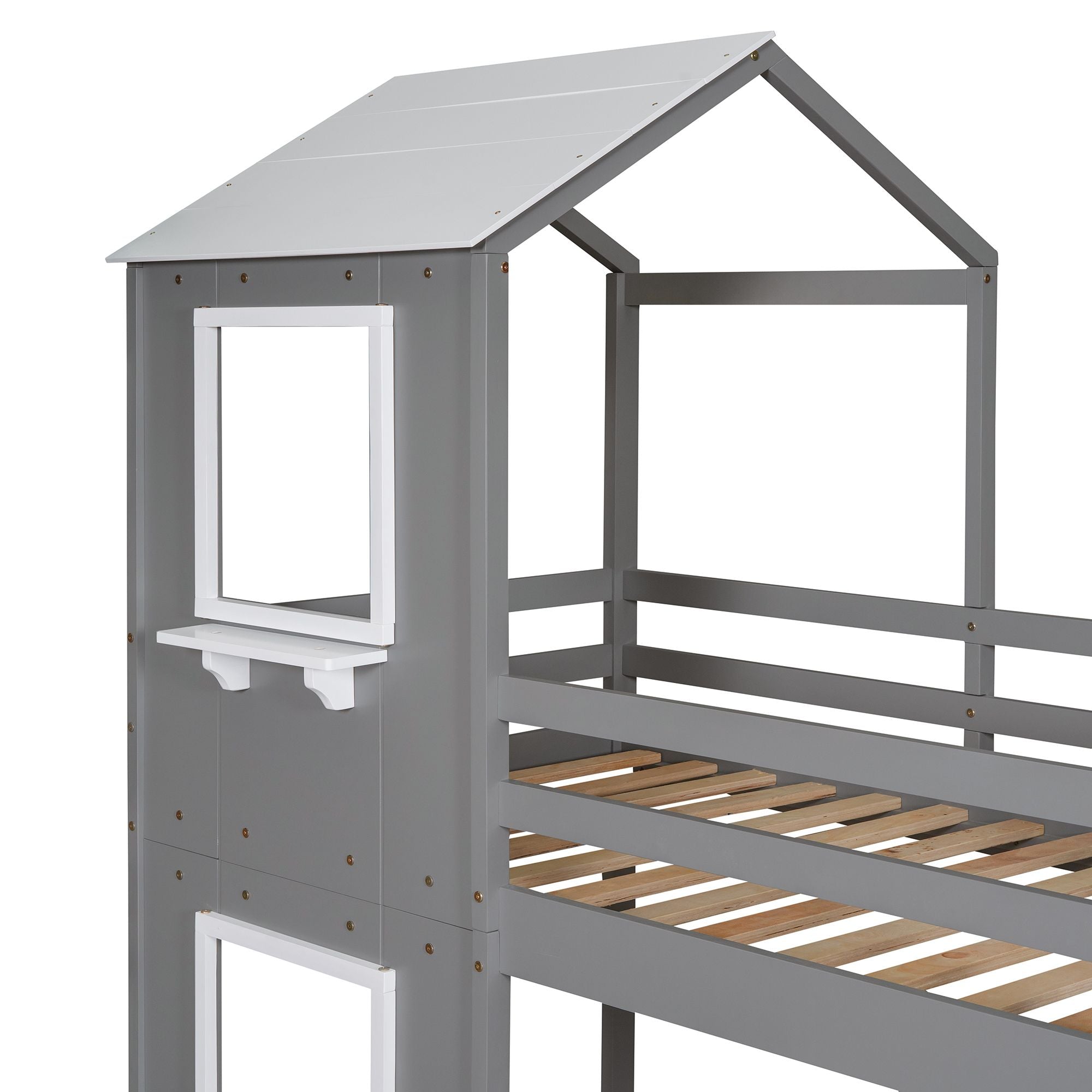 Twin Over Twin Bunk Bed Wood Bed with Roof; Window; Guardrail; Ladder