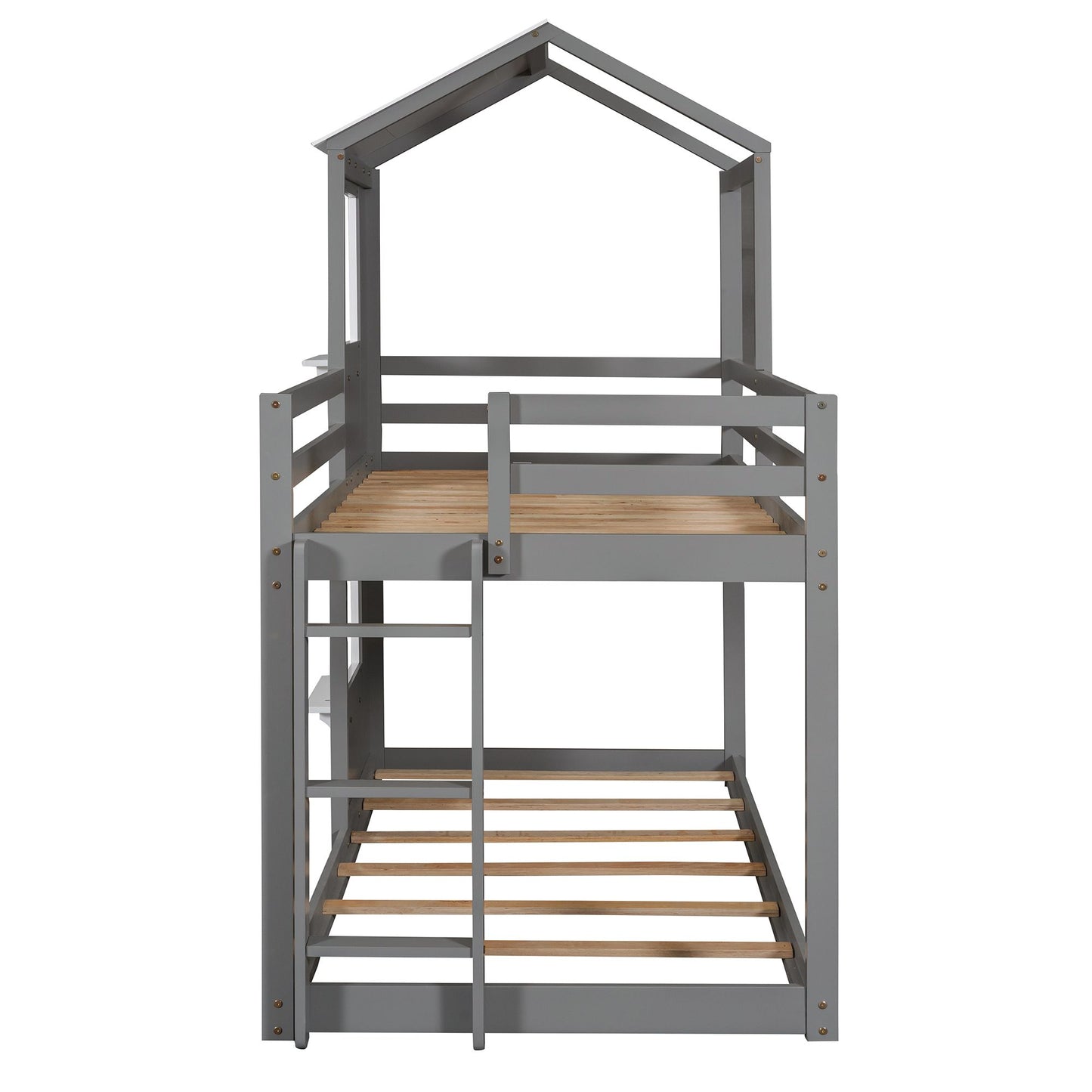 Twin Over Twin Bunk Bed Wood Bed with Roof; Window; Guardrail; Ladder