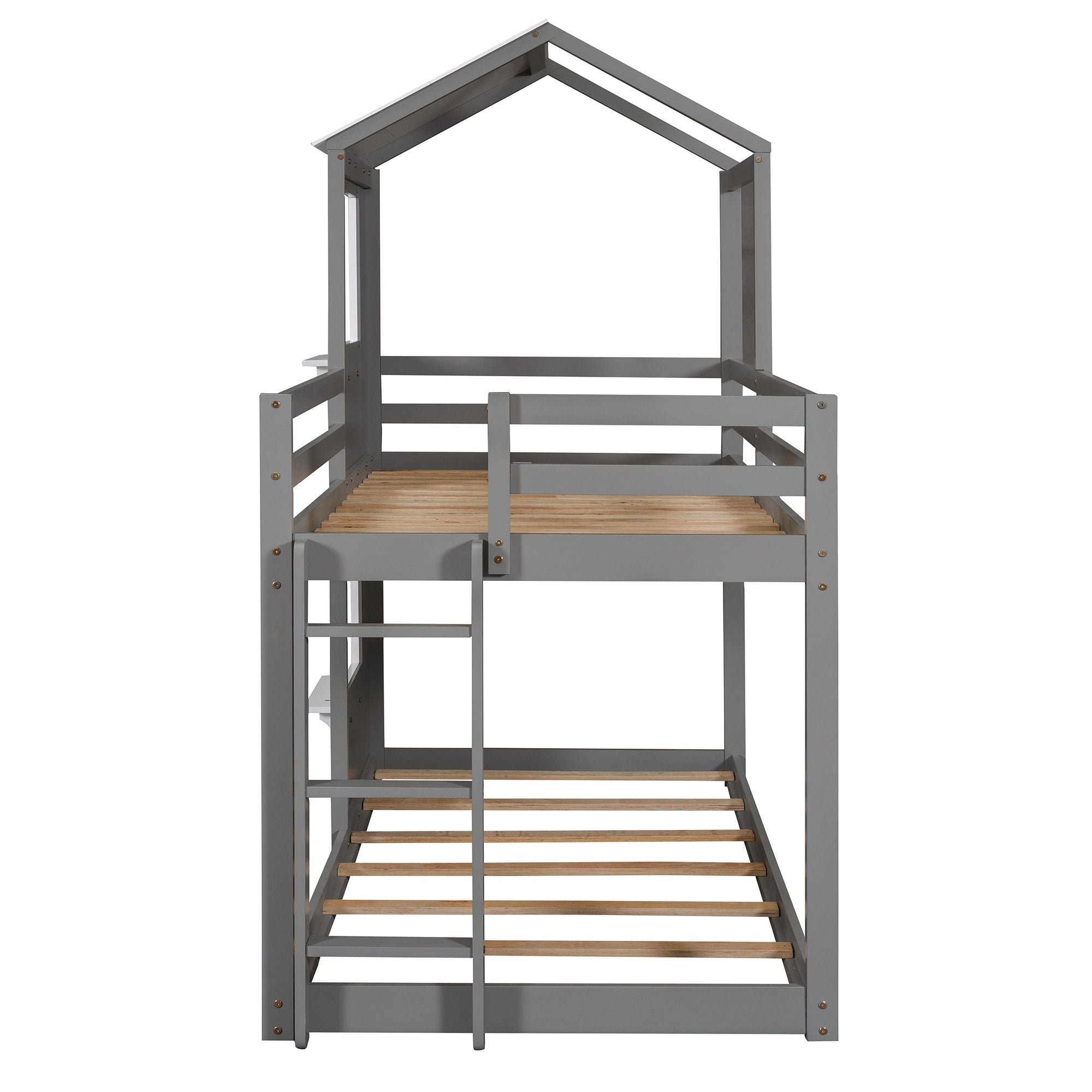 Twin Over Twin Bunk Bed Wood Bed with Roof; Window; Guardrail; Ladder