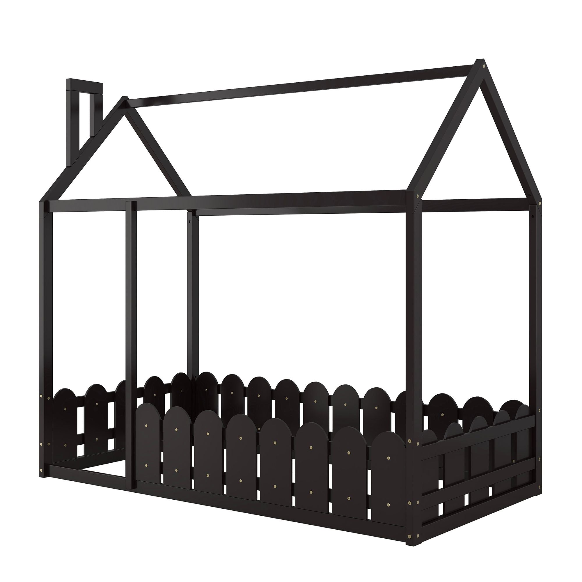 (Slats are not included) Twin Size Wood Bed House Bed Frame with Fence; for Kids; Teens; Girls; Boys