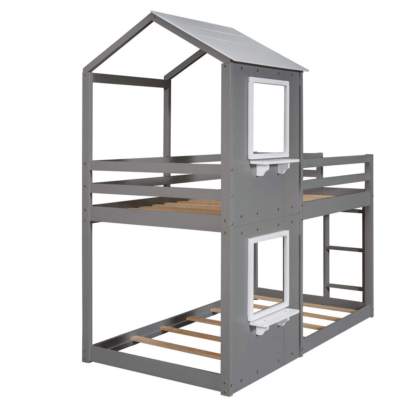 Twin Over Twin Bunk Bed Wood Bed with Roof; Window; Guardrail; Ladder