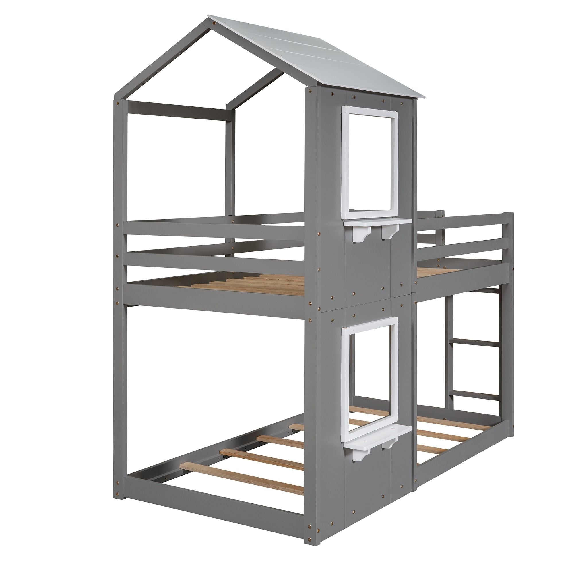 Twin Over Twin Bunk Bed Wood Bed with Roof; Window; Guardrail; Ladder