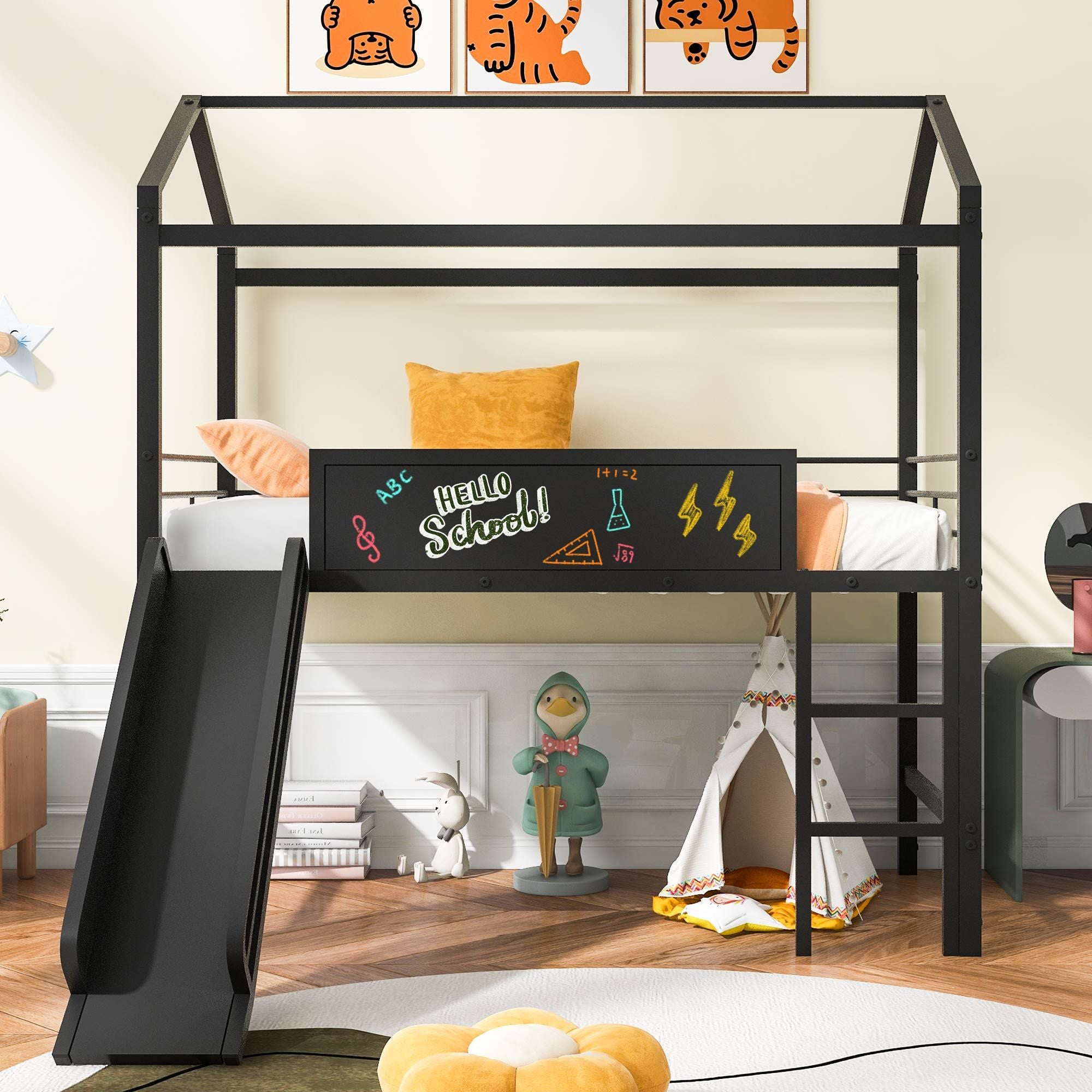 Metal House Bed With Slide; Twin Size Metal Loft Bed with Two-sided writable Wooden Board