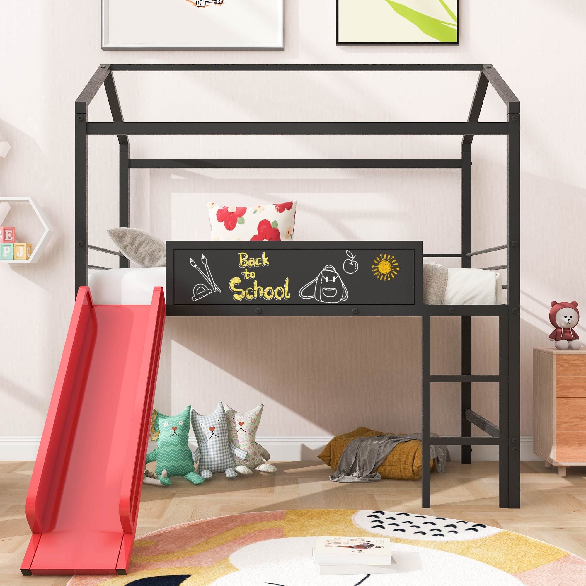 Metal House Bed With Slide; Twin Size Metal Loft Bed with Two-sided writable Wooden Board