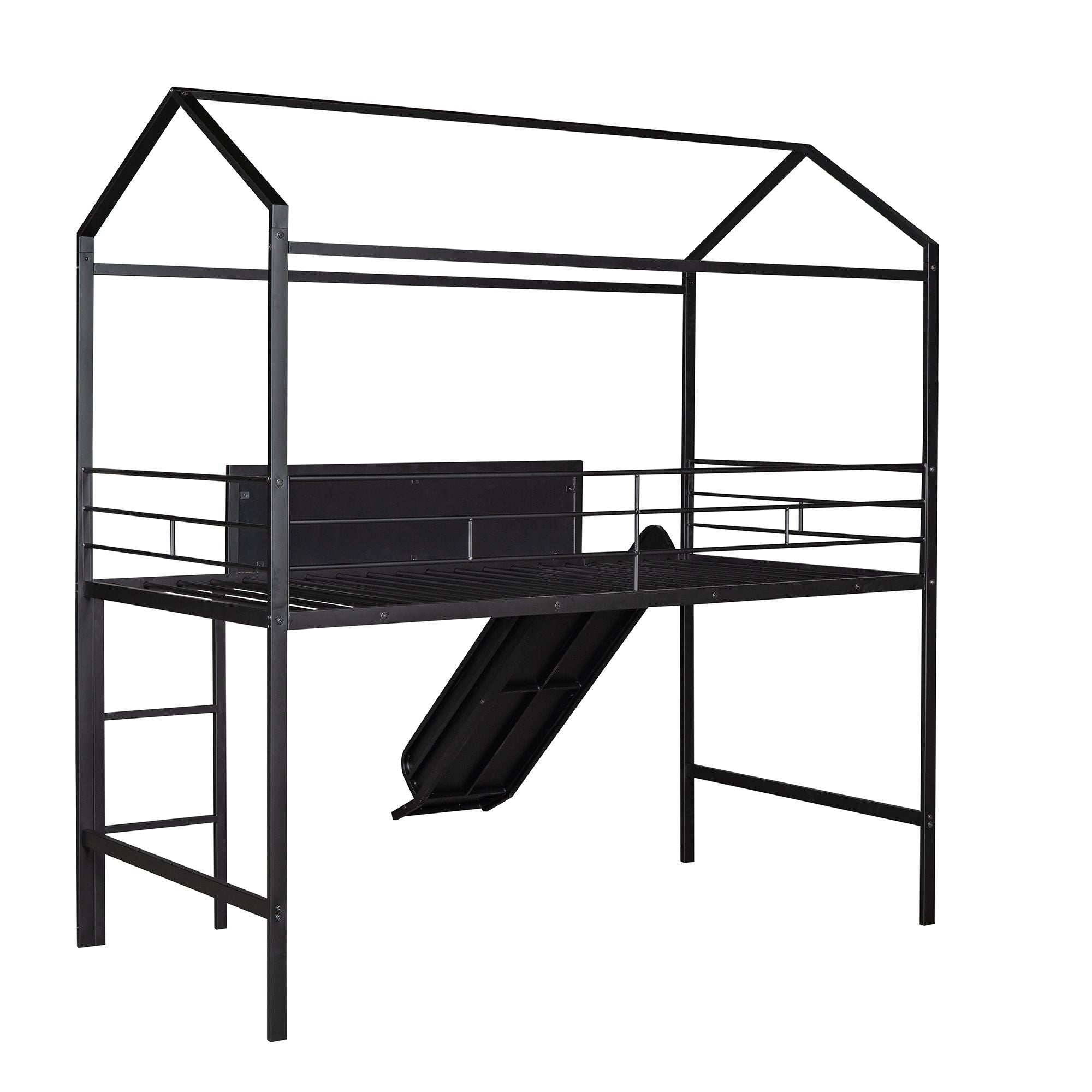Metal House Bed With Slide; Twin Size Metal Loft Bed with Two-sided writable Wooden Board